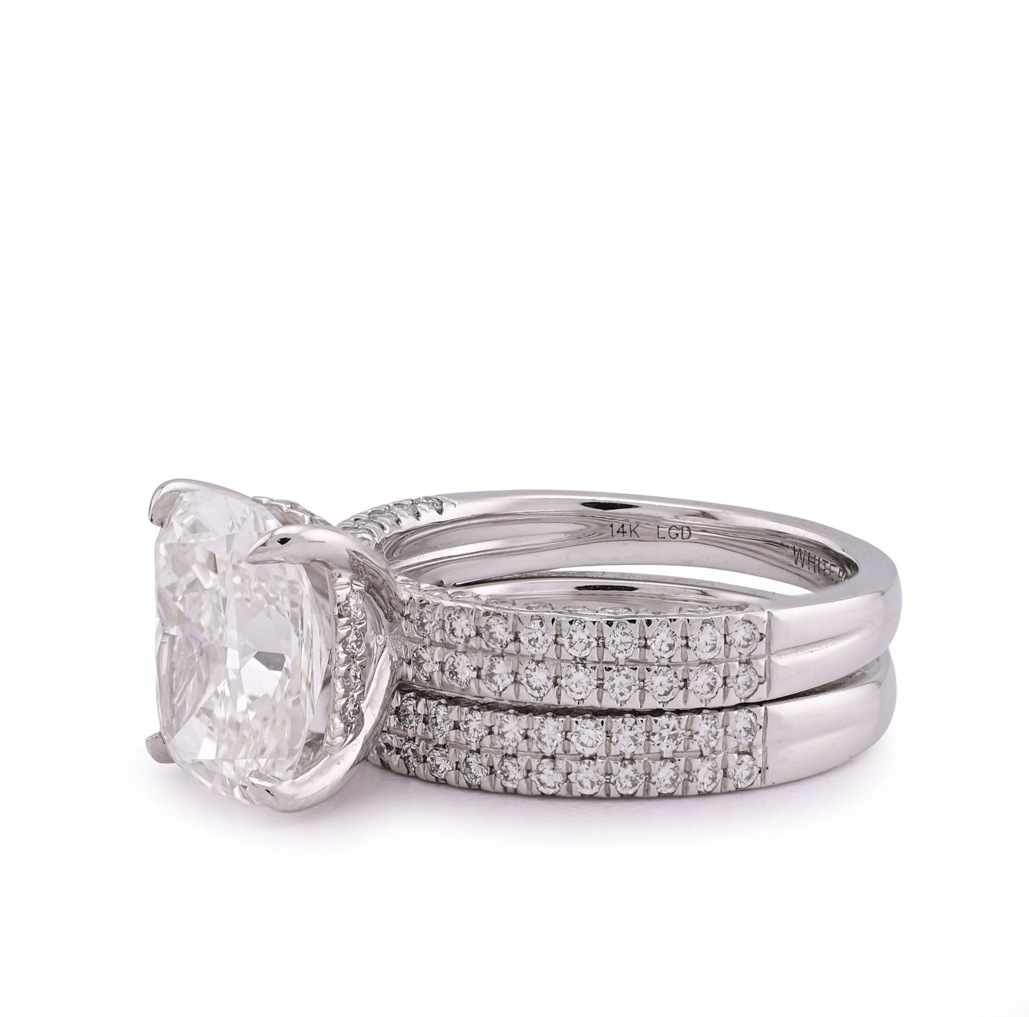 14K White Gold Cushion Cut 4CT Centre Stone 5TC Lab Diamond 2 Row Women Ring with Band - Elite Jewelers - Rings