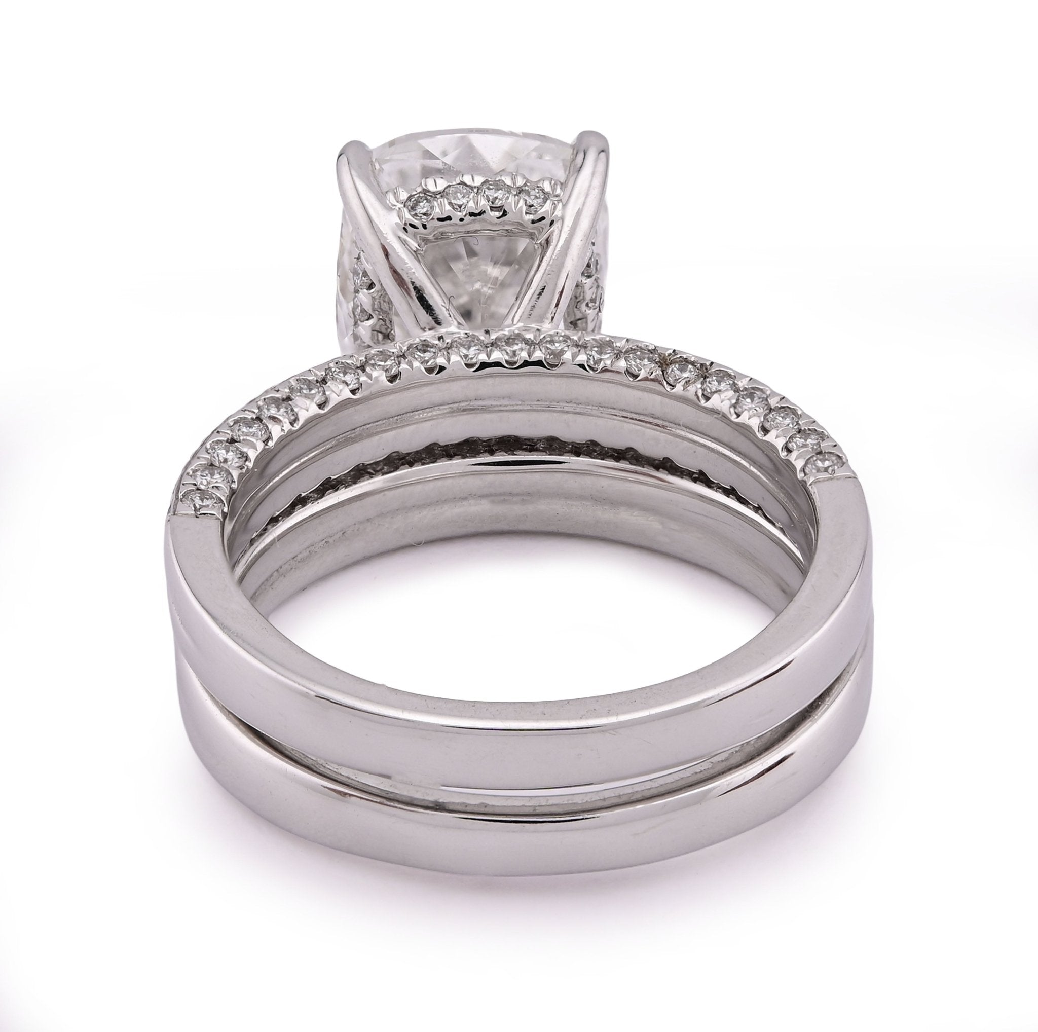 14K White Gold Cushion Cut 4CT Centre Stone 5TC Lab Diamond 2 Row Women Ring with Band - Elite Jewelers - Rings