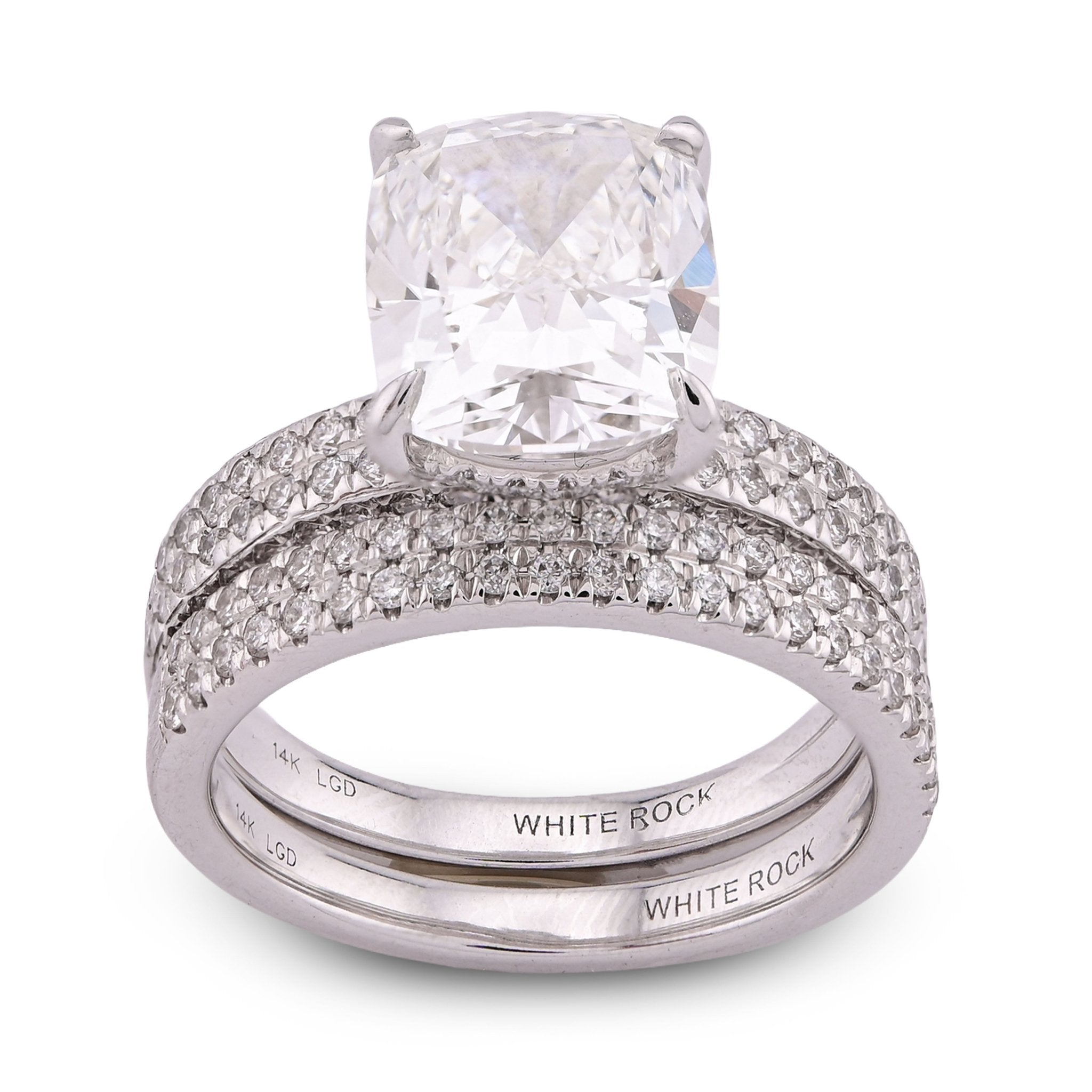 14K White Gold Cushion Cut 4CT Centre Stone 5TC Lab Diamond 2 Row Women Ring with Band - Elite Jewelers - Rings