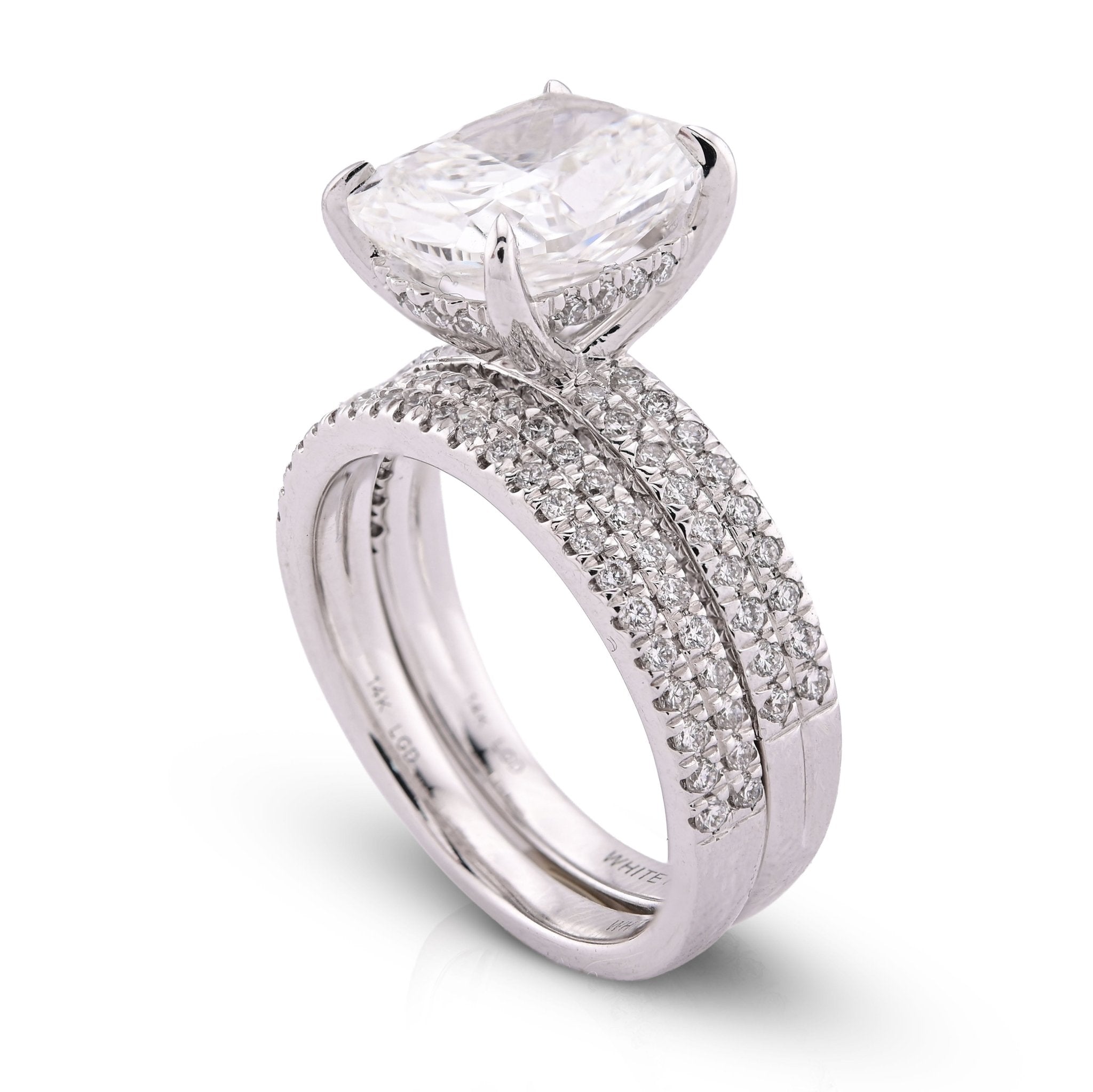 14K White Gold Cushion Cut 4CT Centre Stone 5TC Lab Diamond 2 Row Women Ring with Band - Elite Jewelers - Rings
