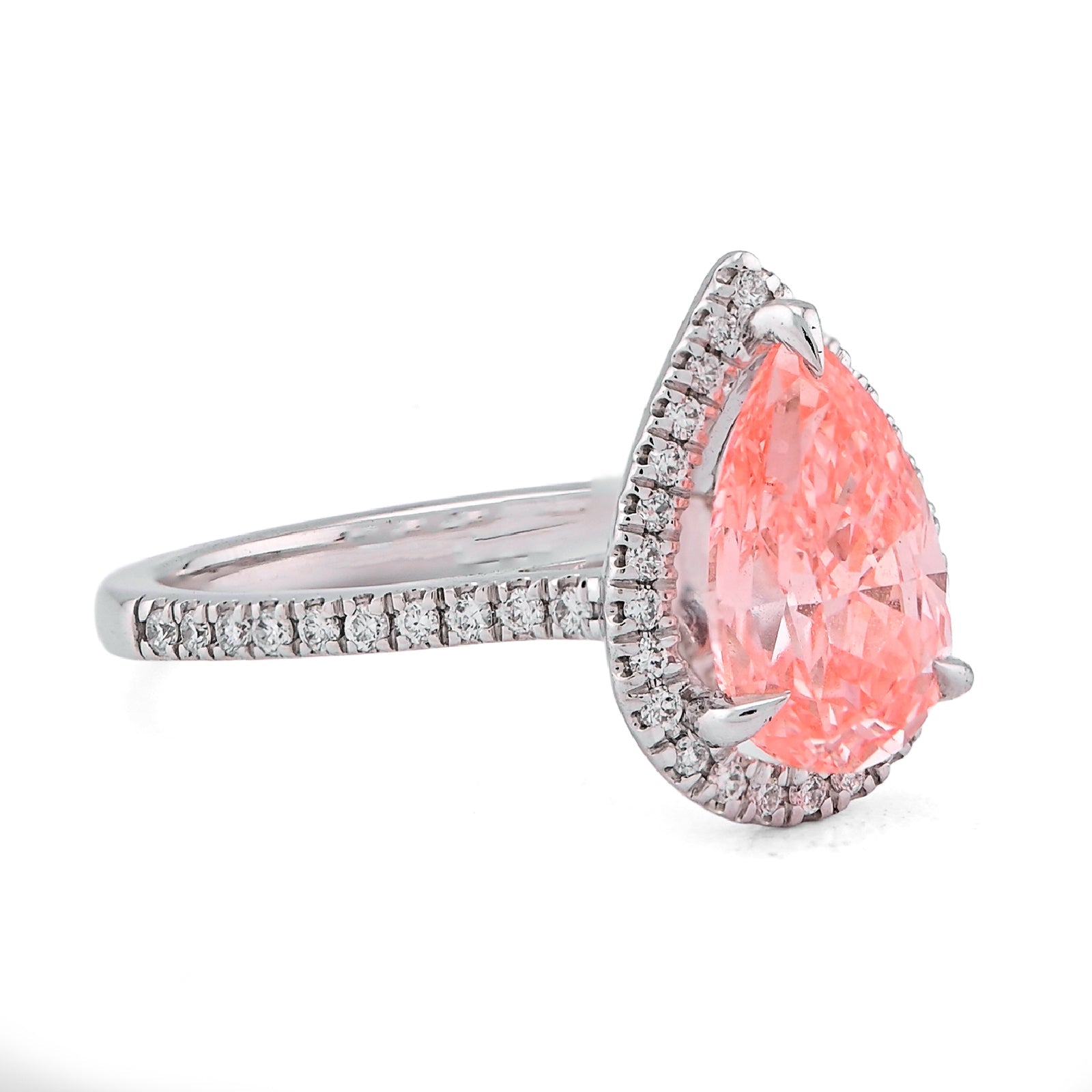 14K White Gold Fancy Pink 2.28CT Pear/Tear Drop Centre Halo Lab Diamond Women Ring - Elite Jewelers - Rings