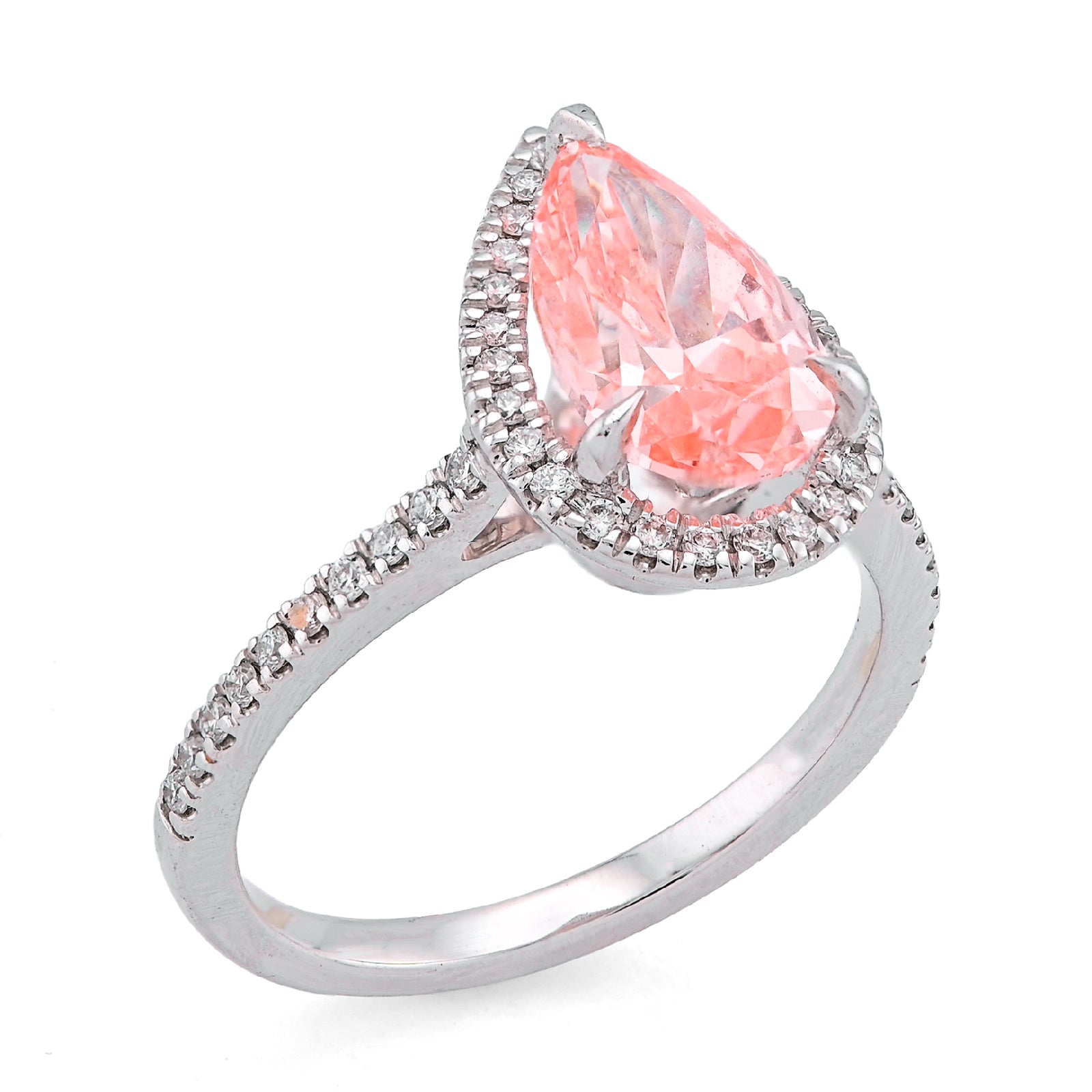 14K White Gold Fancy Pink 2.28CT Pear/Tear Drop Centre Halo Lab Diamond Women Ring - Elite Jewelers - Rings