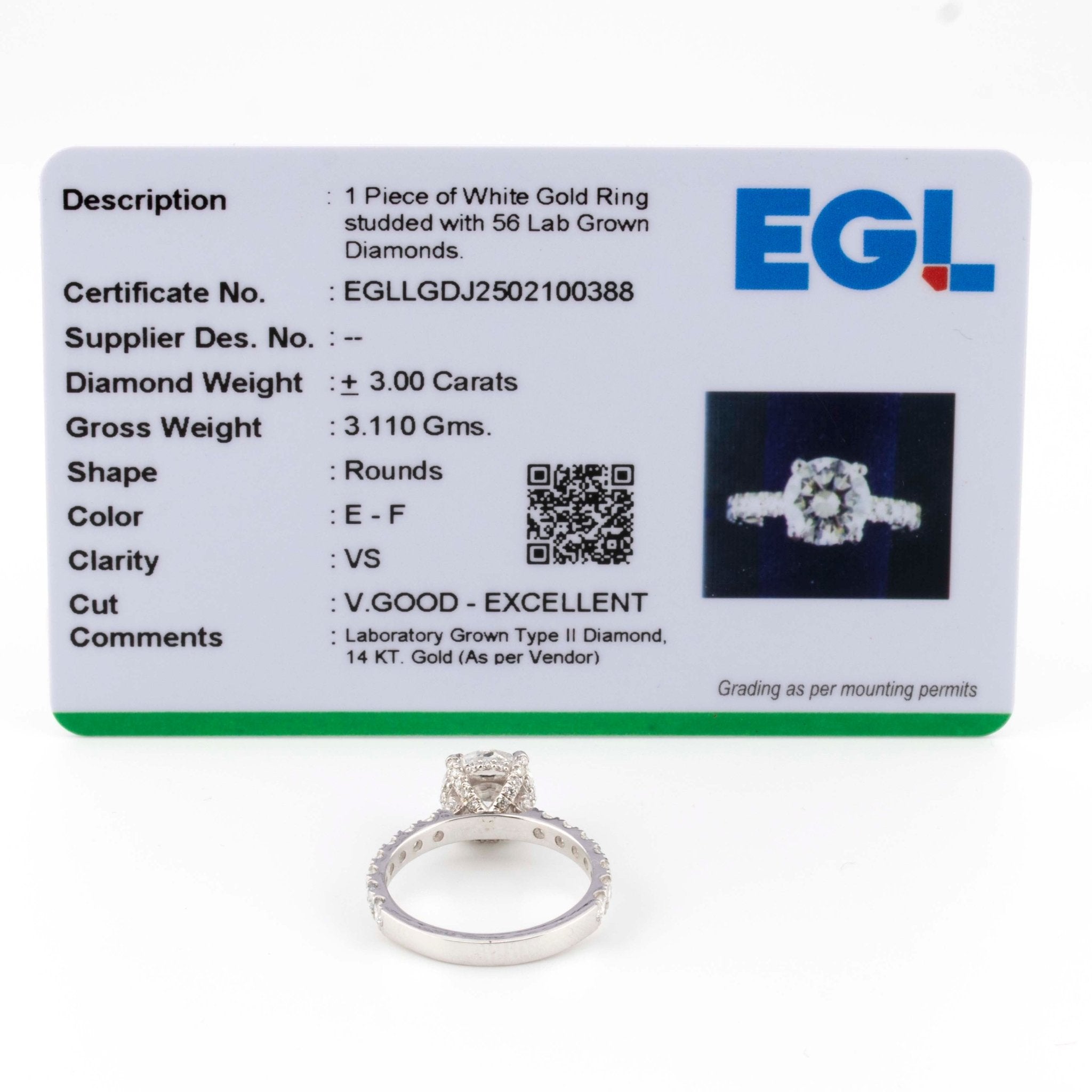 14K White Gold Lab Grown 3CT Round Solitaire Diamond Ring with EGL Certified - Elite Jewelers - Rings