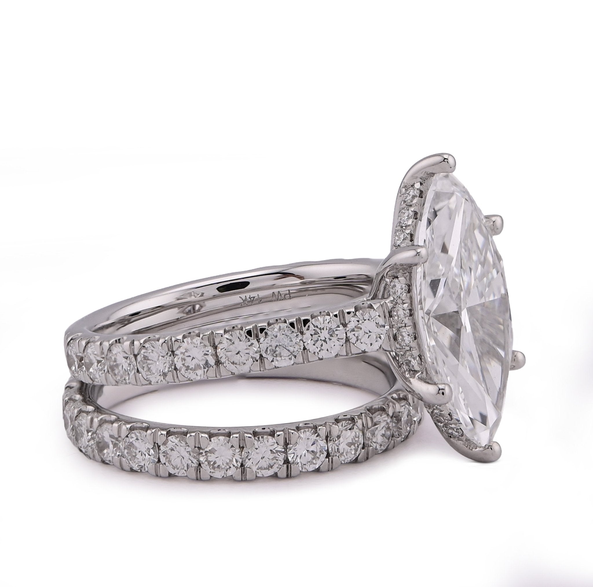 14K White Gold Marquise 4.06CT Solitaire Centre Side Iced with Band 6.11TC Women Lab Diamond Ring with Band - Elite Jewelers - Rings