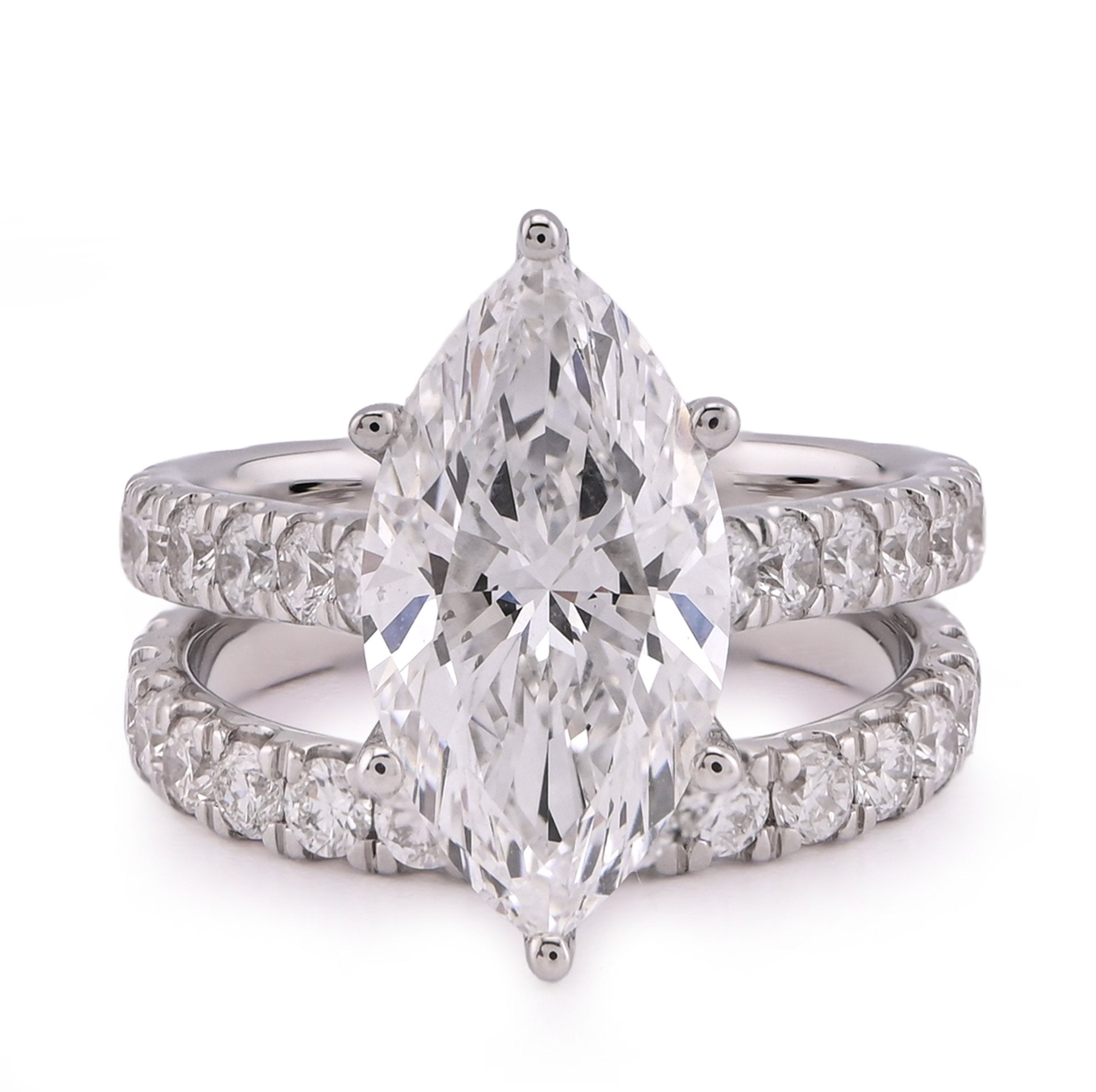 14K White Gold Marquise 4.06CT Solitaire Centre Side Iced with Band 6.11TC Women Lab Diamond Ring with Band - Elite Jewelers - Rings
