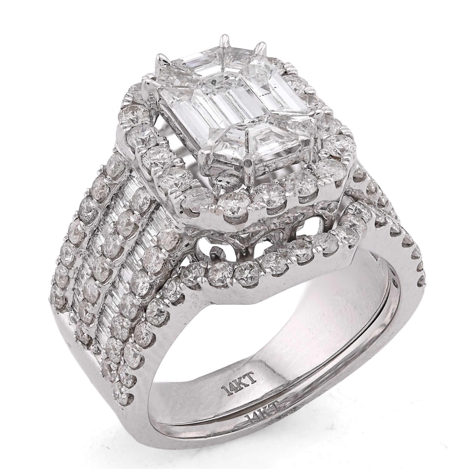 14K White Gold Octagon Centre Emerald/Baguette 3CT Natural Diamond Women Ring With Band - Elite Jewelers - Rings