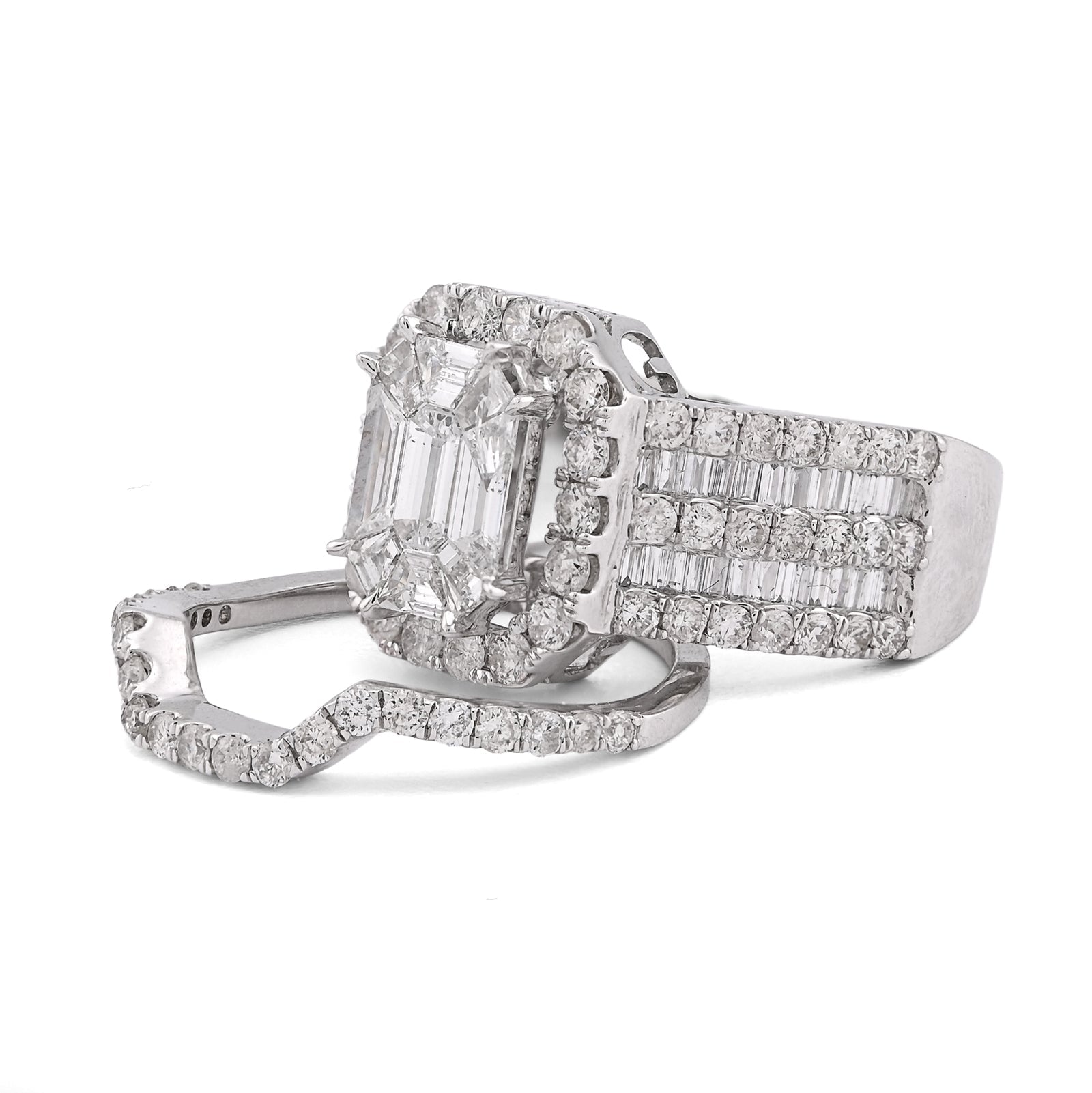 14K White Gold Octagon Centre Emerald/Baguette 3CT Natural Diamond Women Ring With Band - Elite Jewelers - Rings