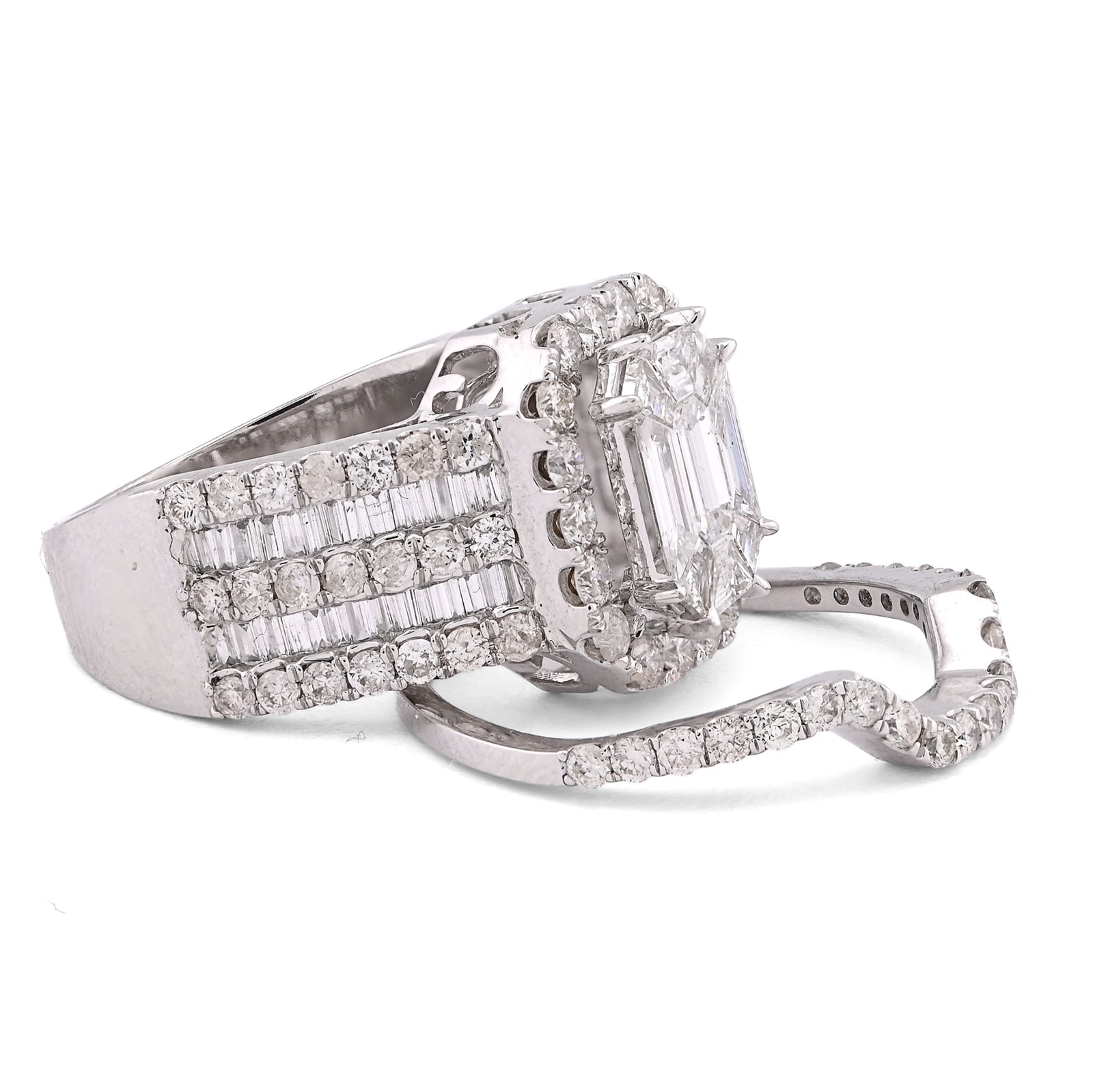14K White Gold Octagon Centre Emerald/Baguette 3CT Natural Diamond Women Ring With Band - Elite Jewelers - Rings
