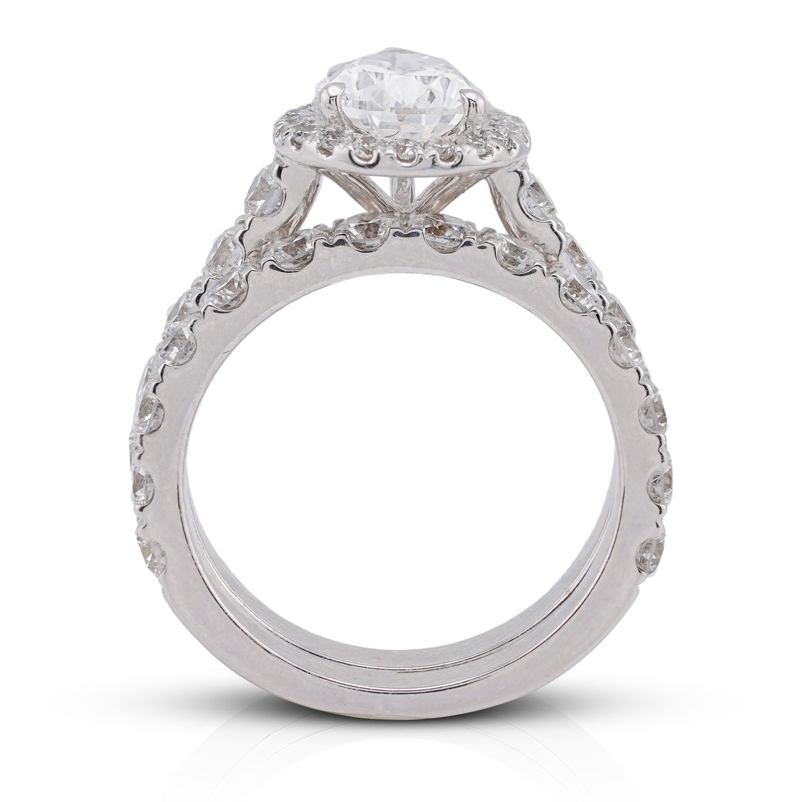 14K White Gold Pear Centre Solitaire Halo 4.35CT Lab Diamond Women Ring with Band - Elite Jewelers-Rings