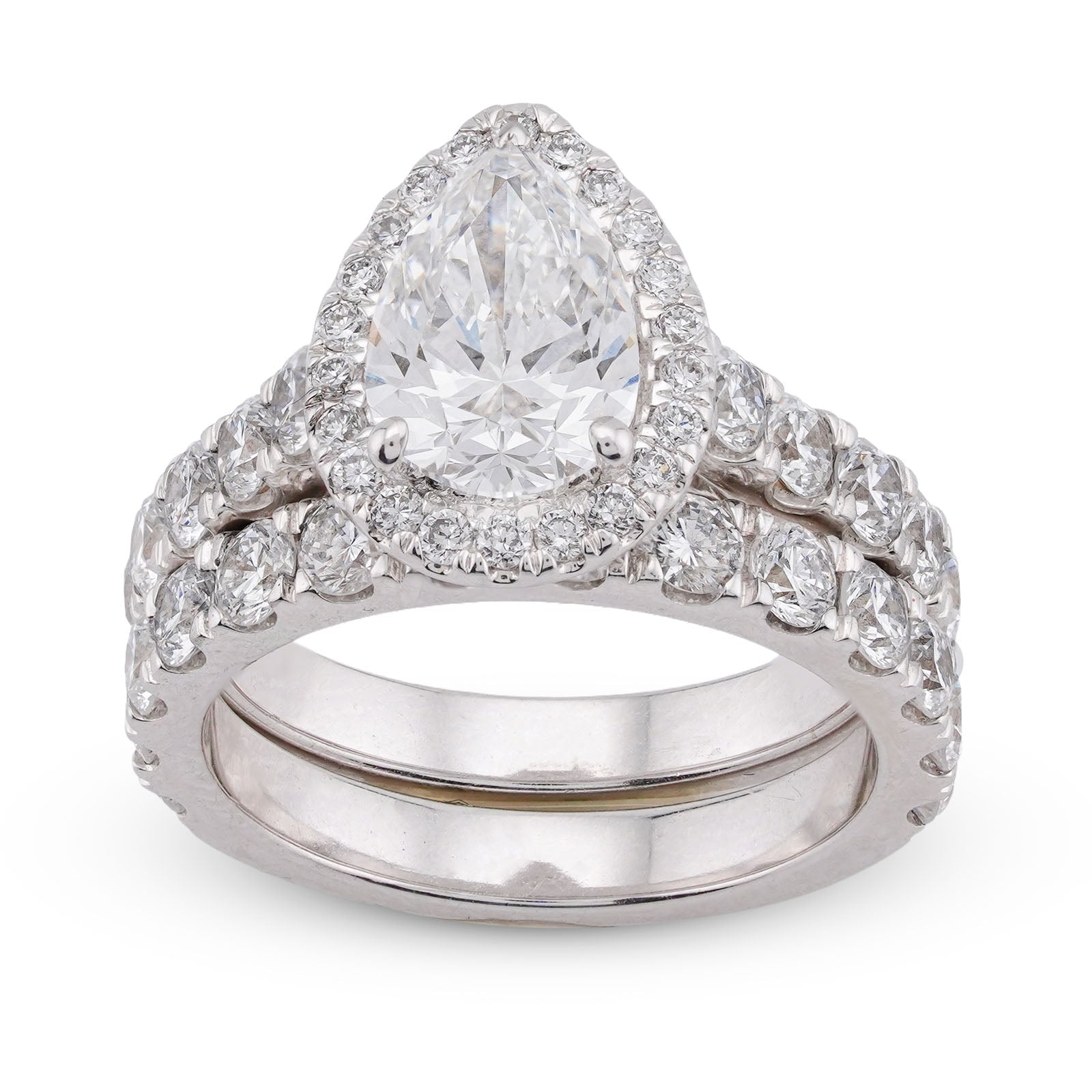 14K White Gold Pear Centre Solitaire Halo 4.35CT Lab Diamond Women Ring with Band - Elite Jewelers-Rings