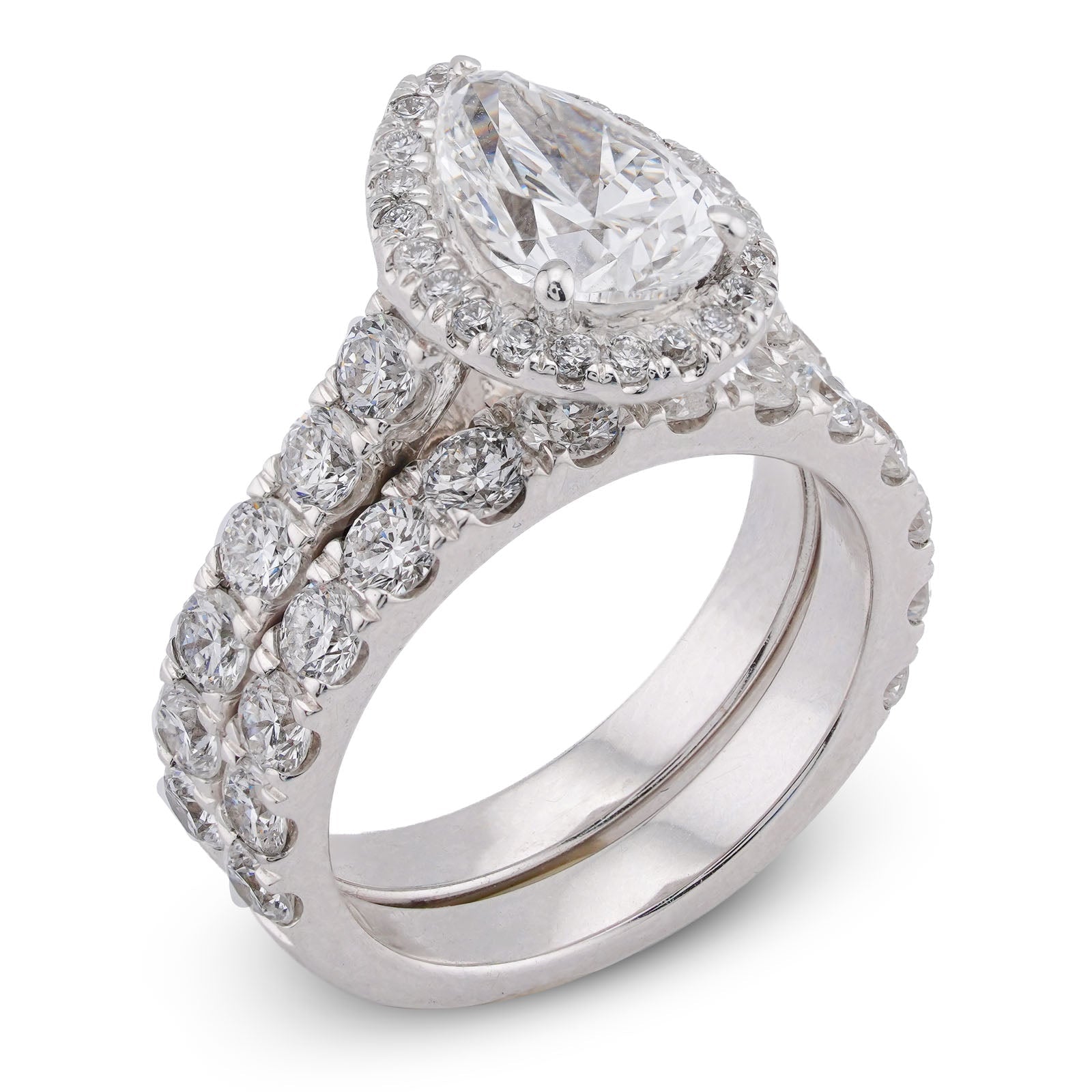 14K White Gold Pear Centre Solitaire Halo 4.35CT Lab Diamond Women Ring with Band - Elite Jewelers-Rings