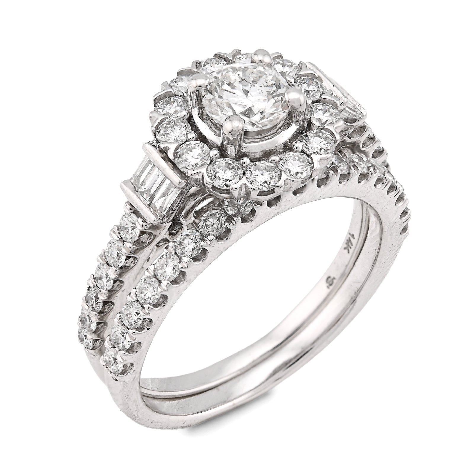 14K White Gold Solitare/Baguette 1.50CT Natural Diamond Flower Women Wedding Ring - Elite Jewelers - Rings