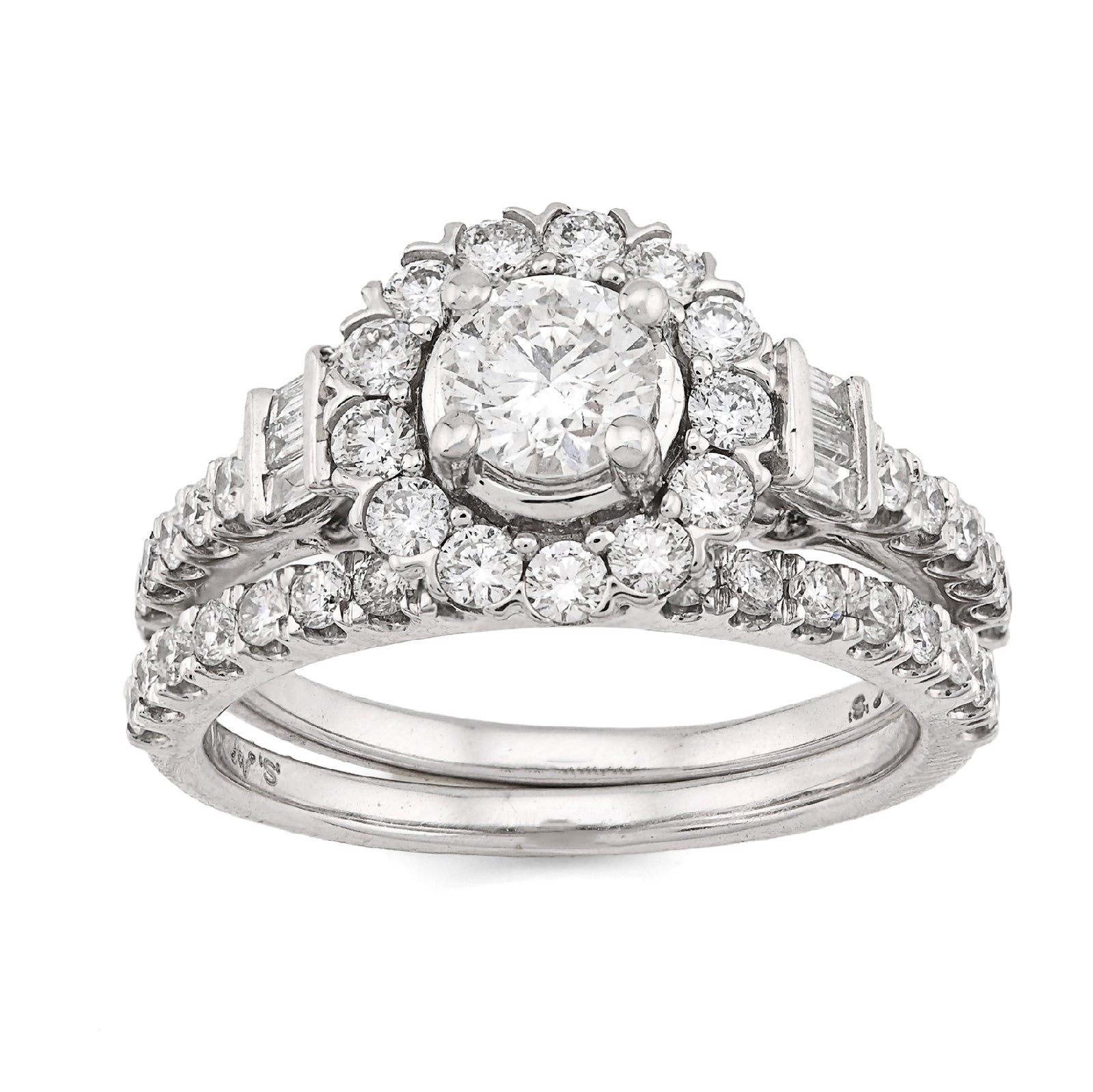 14K White Gold Solitare/Baguette 1.50CT Natural Diamond Flower Women Wedding Ring - Elite Jewelers - Rings