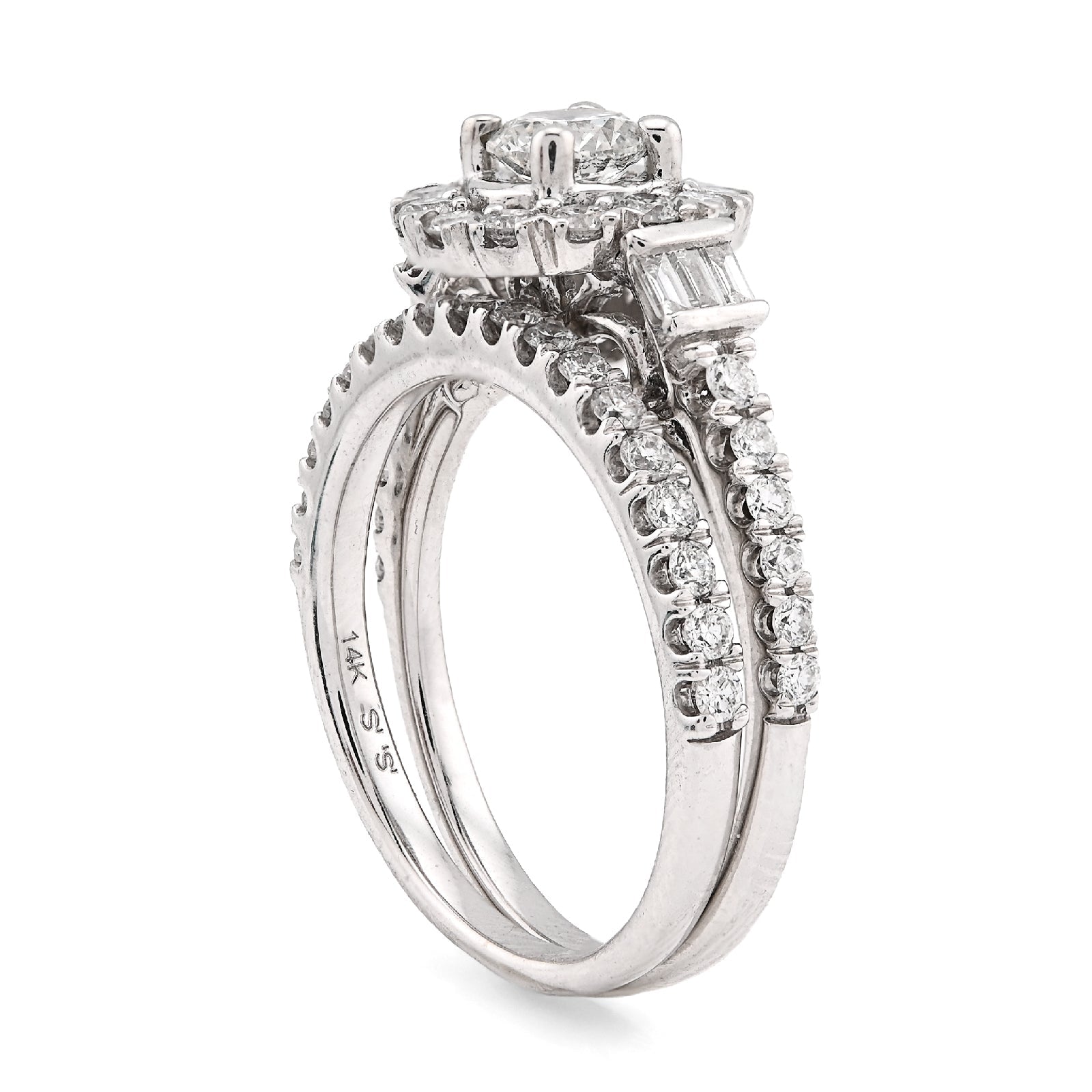 14K White Gold Solitare/Baguette 1.50CT Natural Diamond Flower Women Wedding Ring - Elite Jewelers - Rings