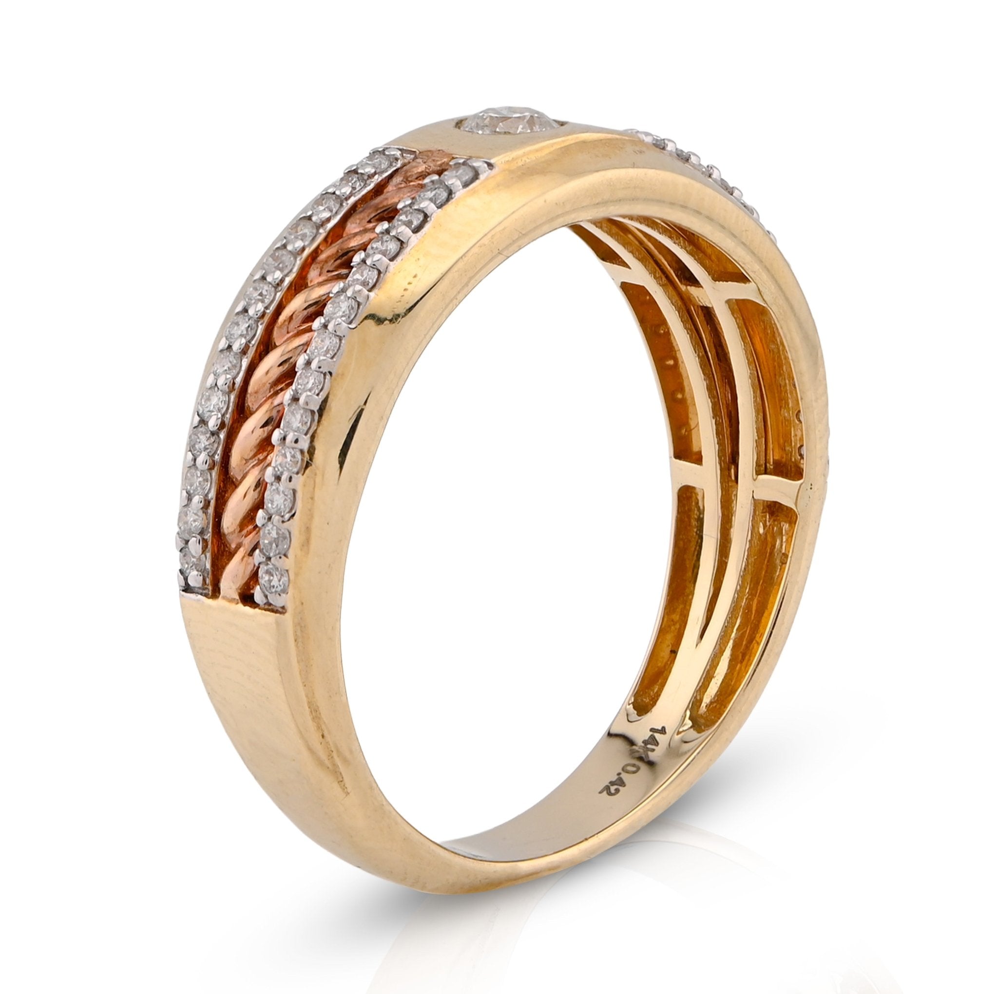14K White/Rose Gold 0.42CT Centre Solitaire 2 Row Side Natural Diamond 2 Tone Men Band - Elite Jewelers - Rings