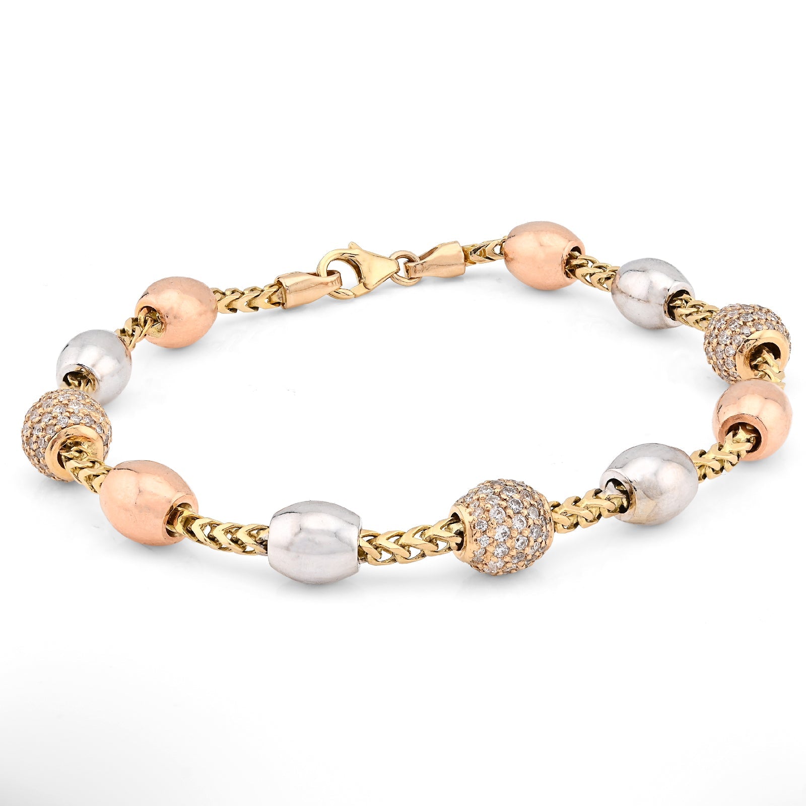 14K White/Yellow/Rose Gold 2.27CT Natural Diamond Round Bead Franco Link 41.4g Bracelet - Elite Jewelers - Bracelets