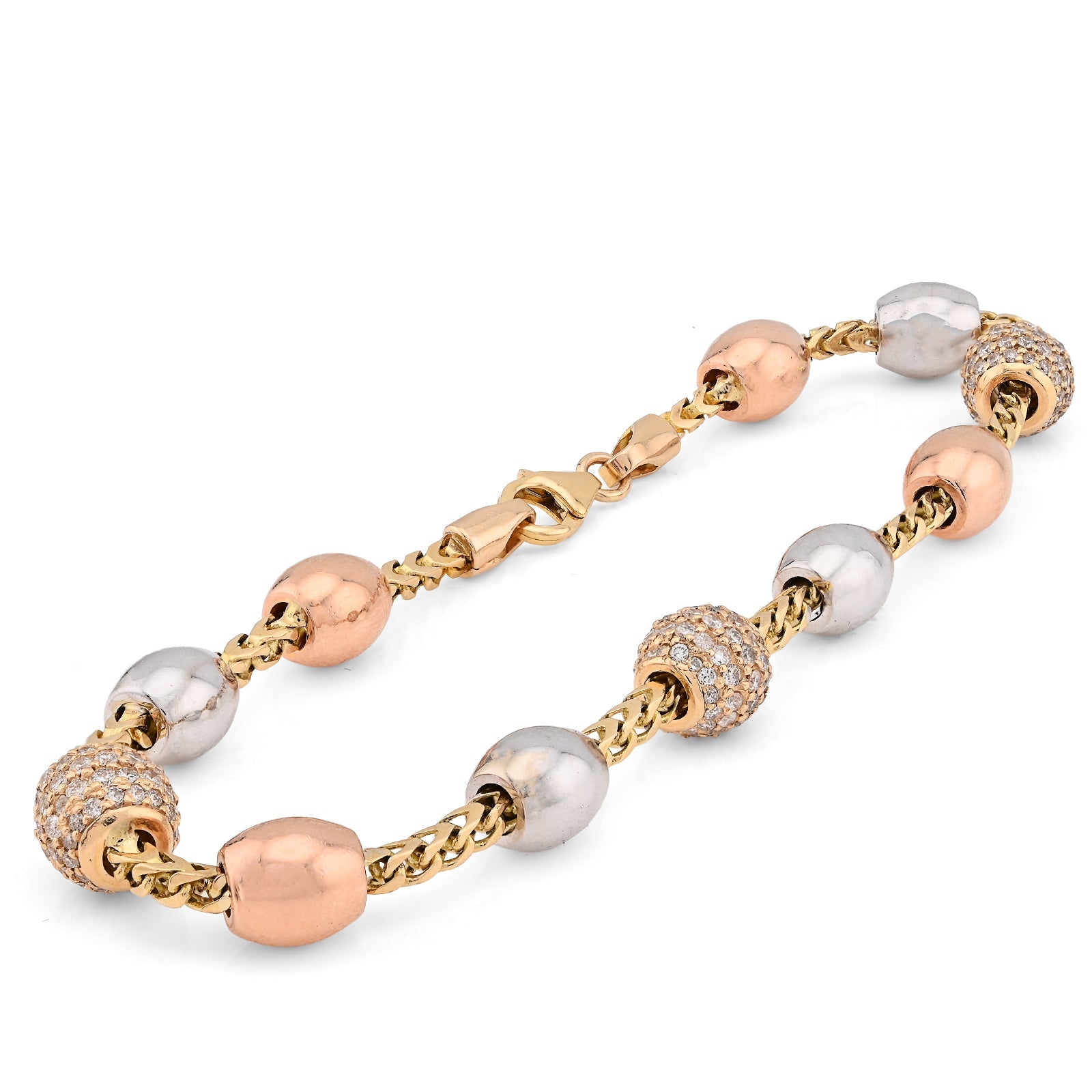 14K White/Yellow/Rose Gold 2.27CT Natural Diamond Round Bead Franco Link 41.4g Bracelet - Elite Jewelers - Bracelets