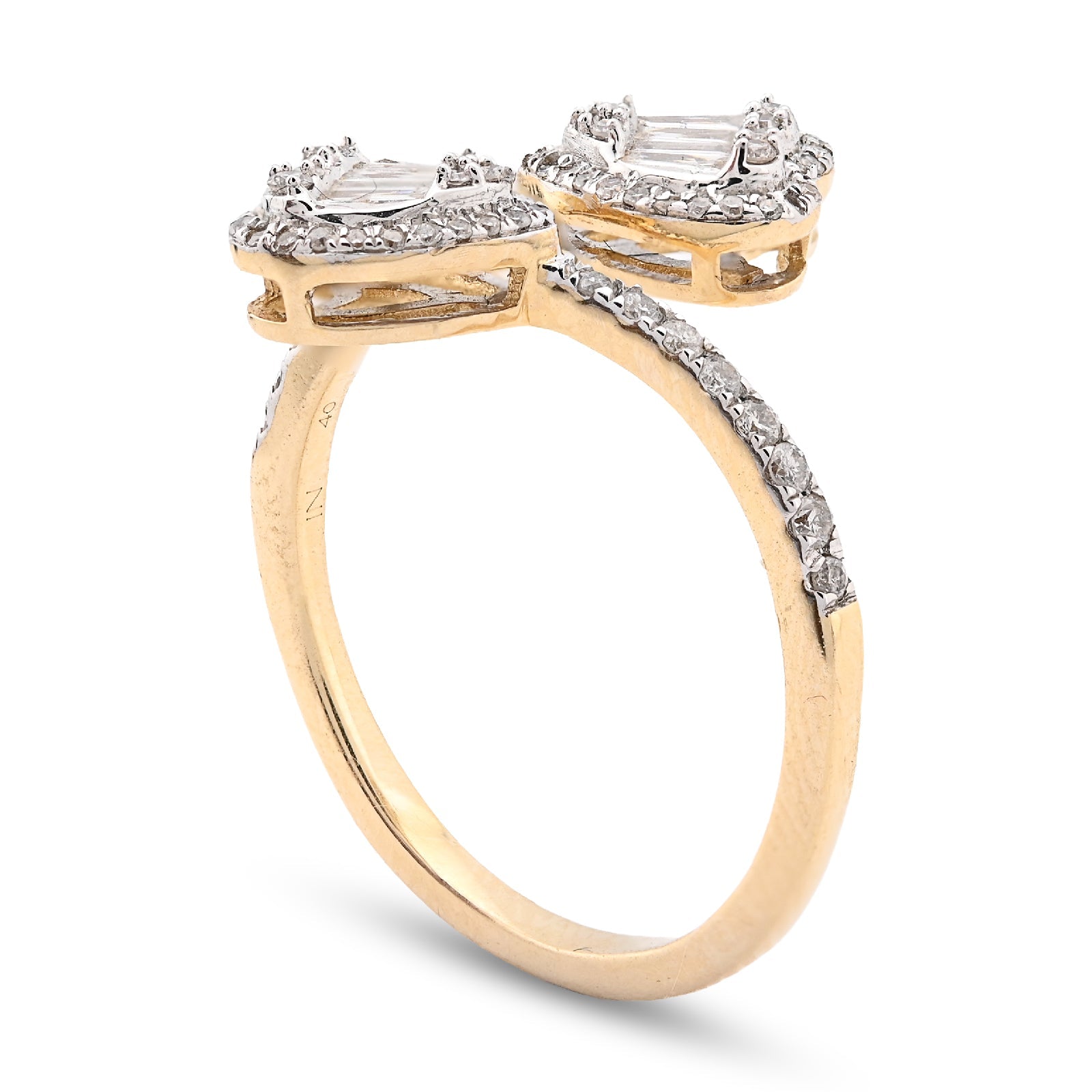 14K yellow Gold 0.40 CT Natural Diamond Twin Heart Round/Baguette Women Ring - Elite Jewelers - Rings