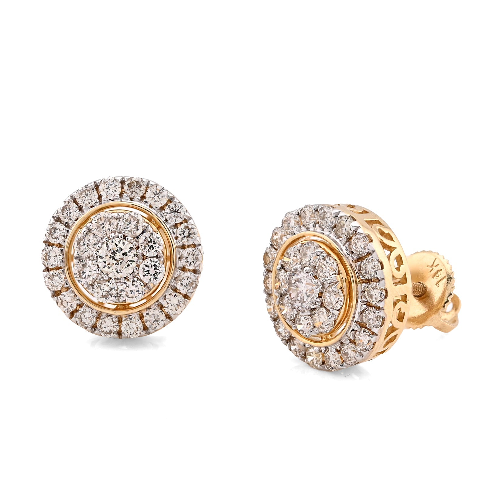 14K Yellow Gold 1.25CT Natural Diamond Round Cluster Halo Shape Men Women Earrings - Elite Jewelers - Earrings