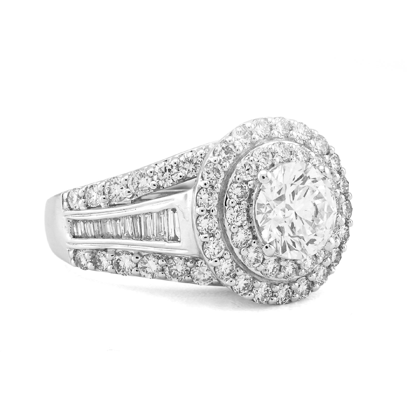 14K Yellow Gold 1.51CT Centre Round Solitaire Halo 3.3TC Side Baguette Lab DImaond Women Ring - Elite Jewelers - Rings