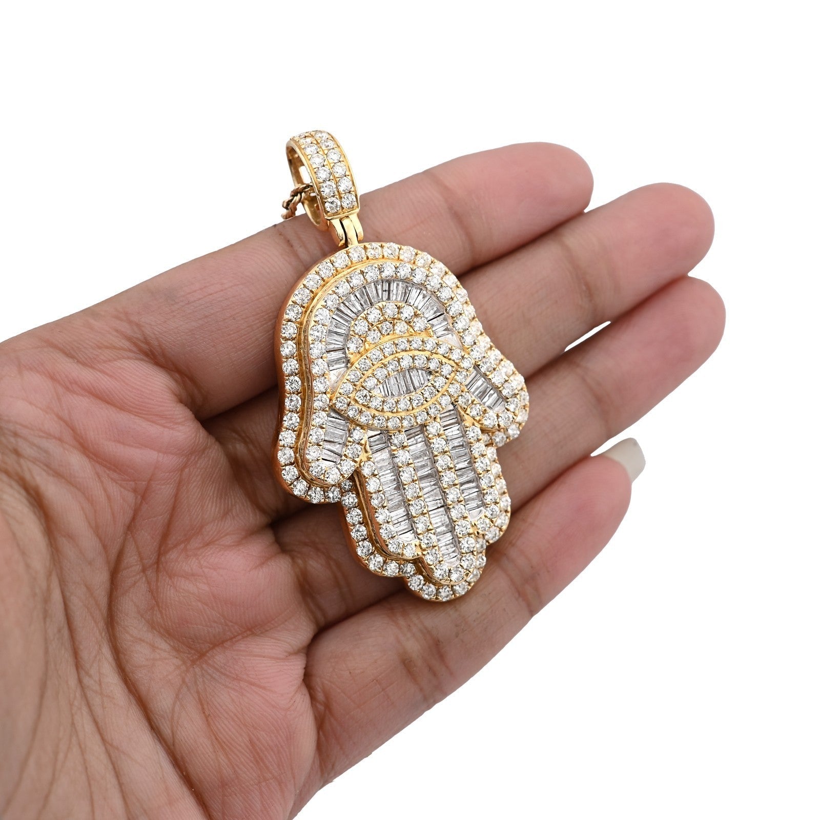 14k Yellow Gold 27.7gm 5.9CTW Round/Baguette Diamond Evil Eye Hamsa Hand Pendant - Elite Jewelers - Charms & Pendants