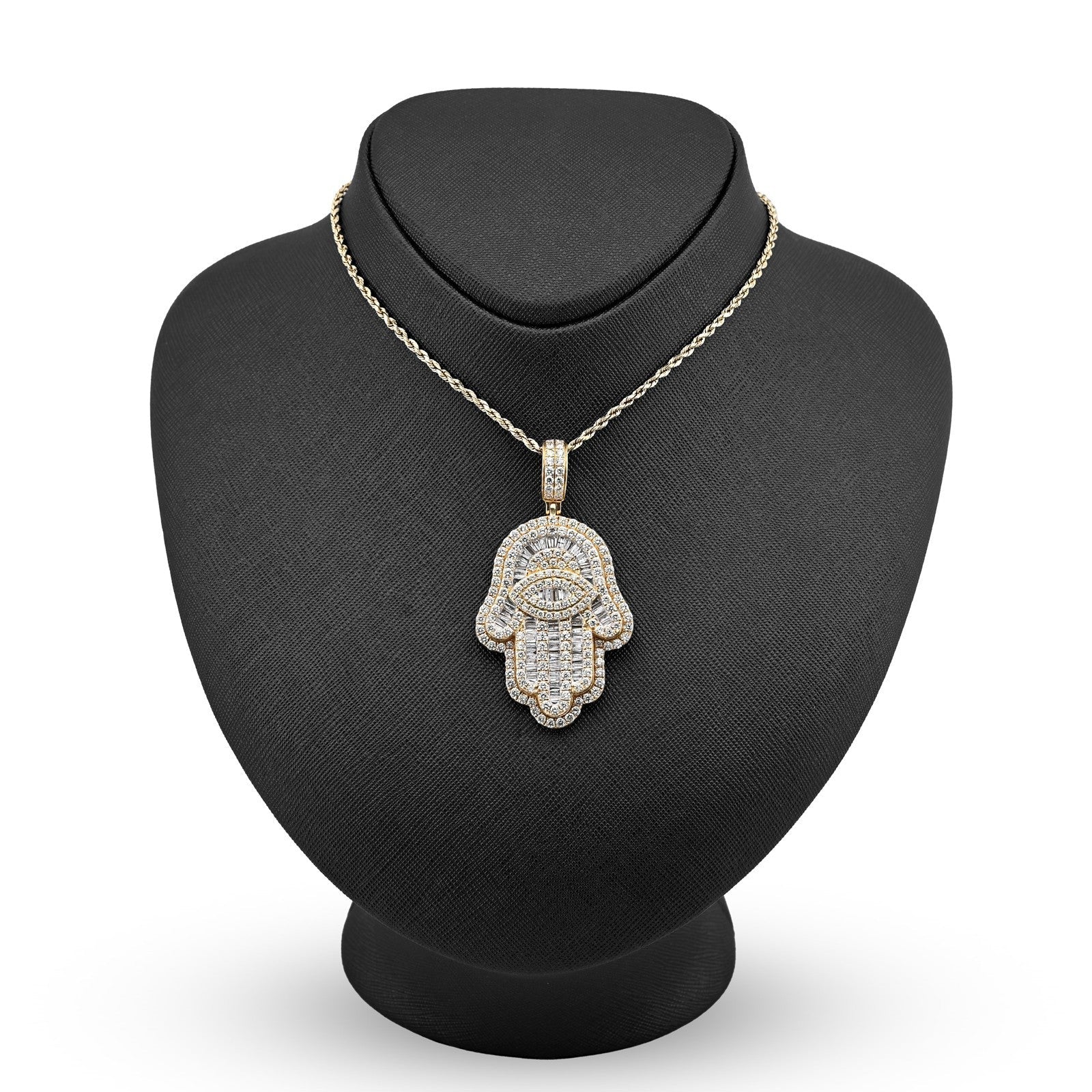14k Yellow Gold 27.7gm 5.9CTW Round/Baguette Diamond Evil Eye Hamsa Hand Pendant - Elite Jewelers - Charms & Pendants