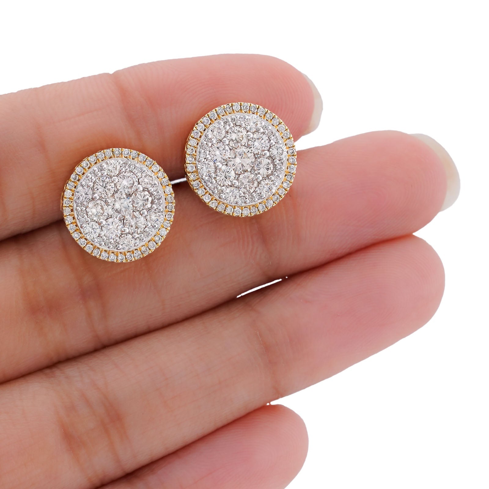 14K Yellow Gold 2CT Halo Flower Cluster Round Shape Natural Diamond Men Women Earrings - Elite Jewelers-Earrings