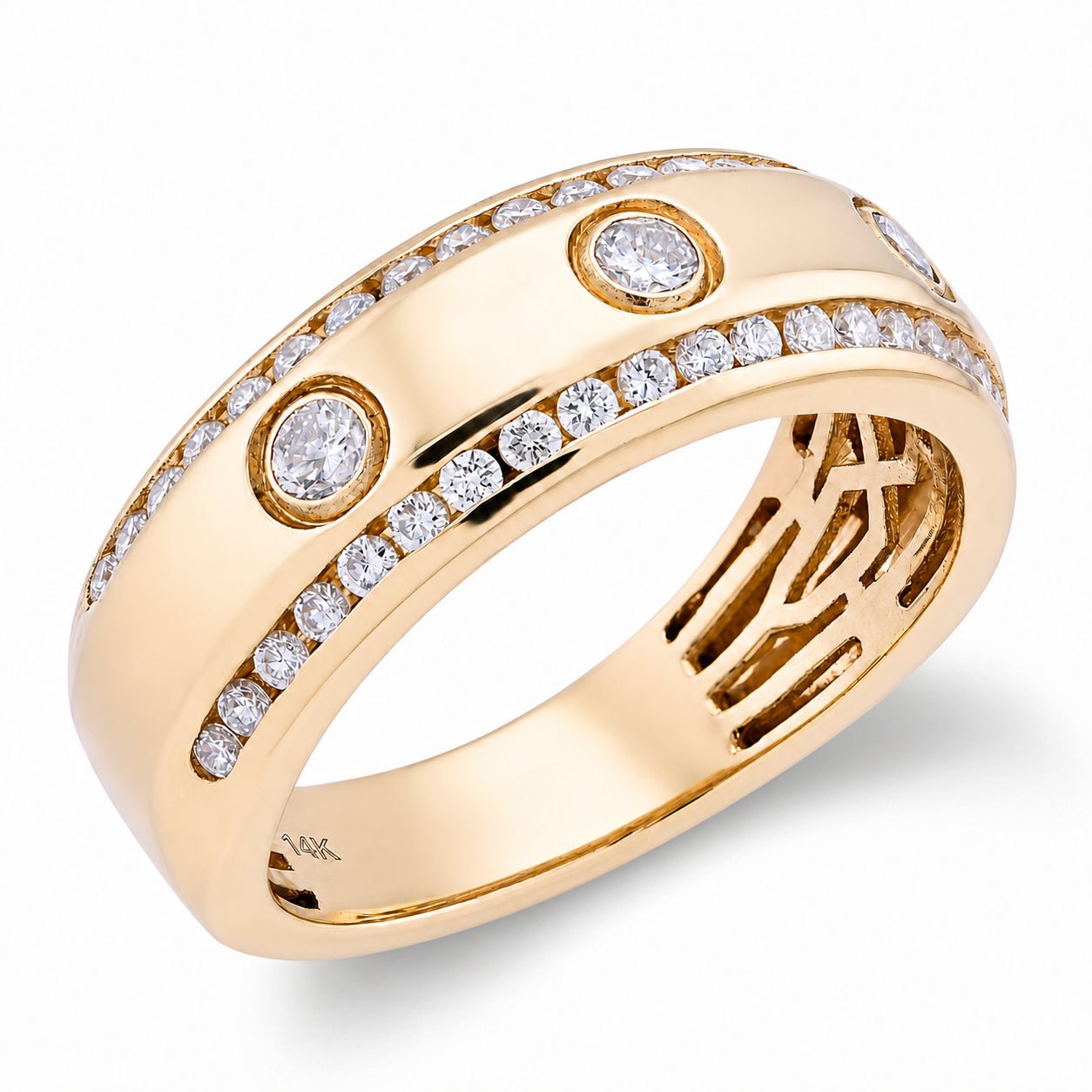 14K Yellow Gold 3 Stone Centre 2 Row Edge Lab Diamond Men Ring Band - Elite Jewelers - Rings