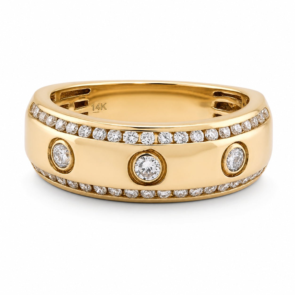 14K Yellow Gold 3 Stone Centre 2 Row Edge Lab Diamond Men Ring Band - Elite Jewelers - Rings