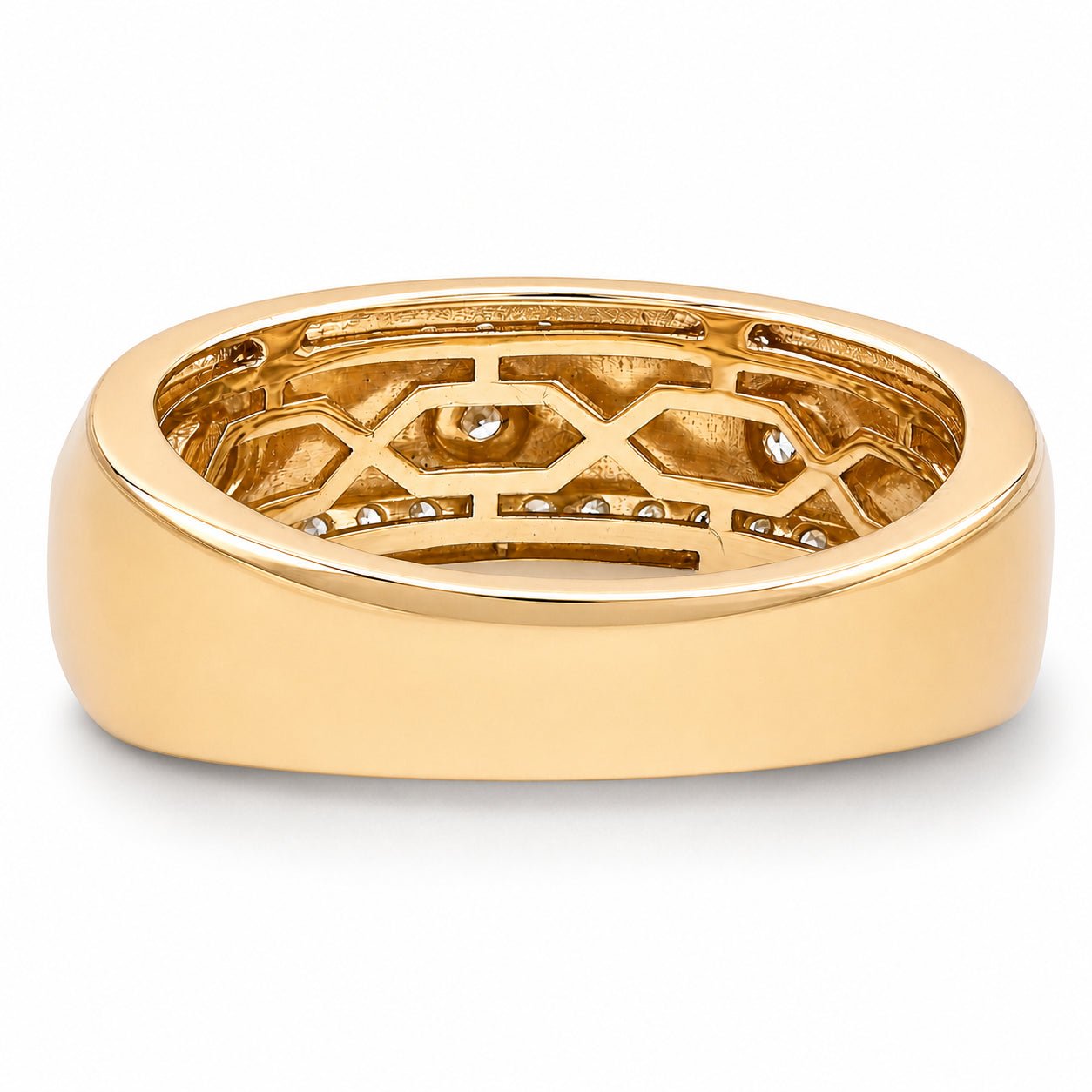 14K Yellow Gold 3 Stone Centre 2 Row Edge Lab Diamond Men Ring Band - Elite Jewelers - Rings
