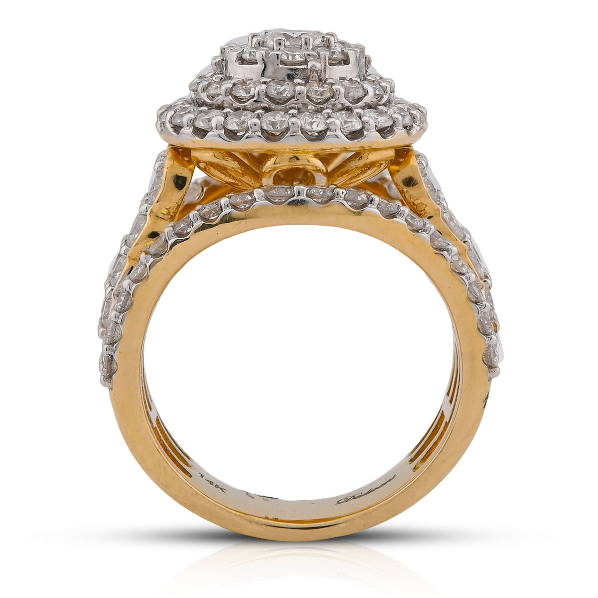 14K Yellow Gold 3CT Halo Cluster Round Centre Natural Diamond Multi Row Women Ring - Elite Jewelers-Rings