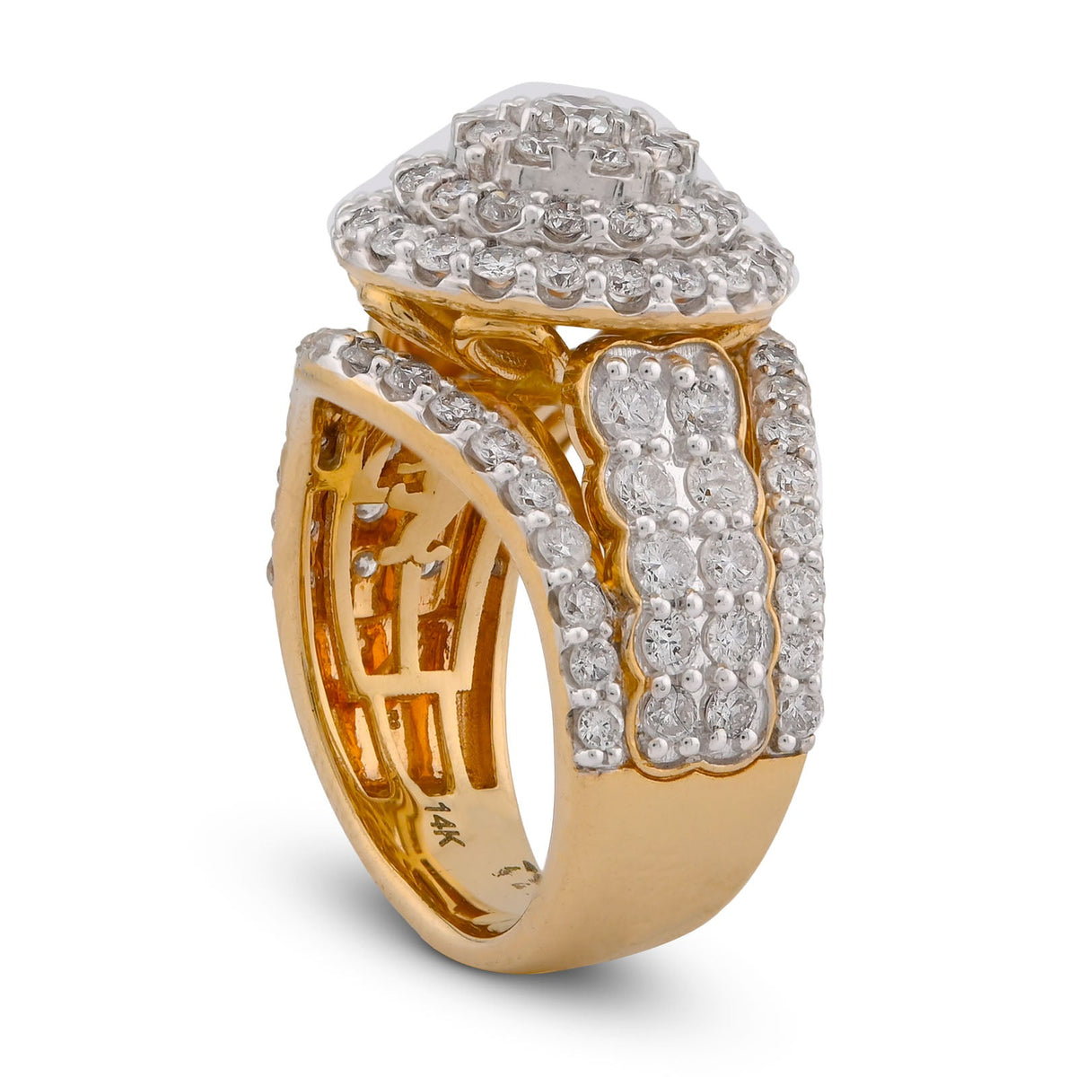 14K Yellow Gold 3CT Halo Cluster Round Centre Natural Diamond Multi Row Women Ring - Elite Jewelers-Rings