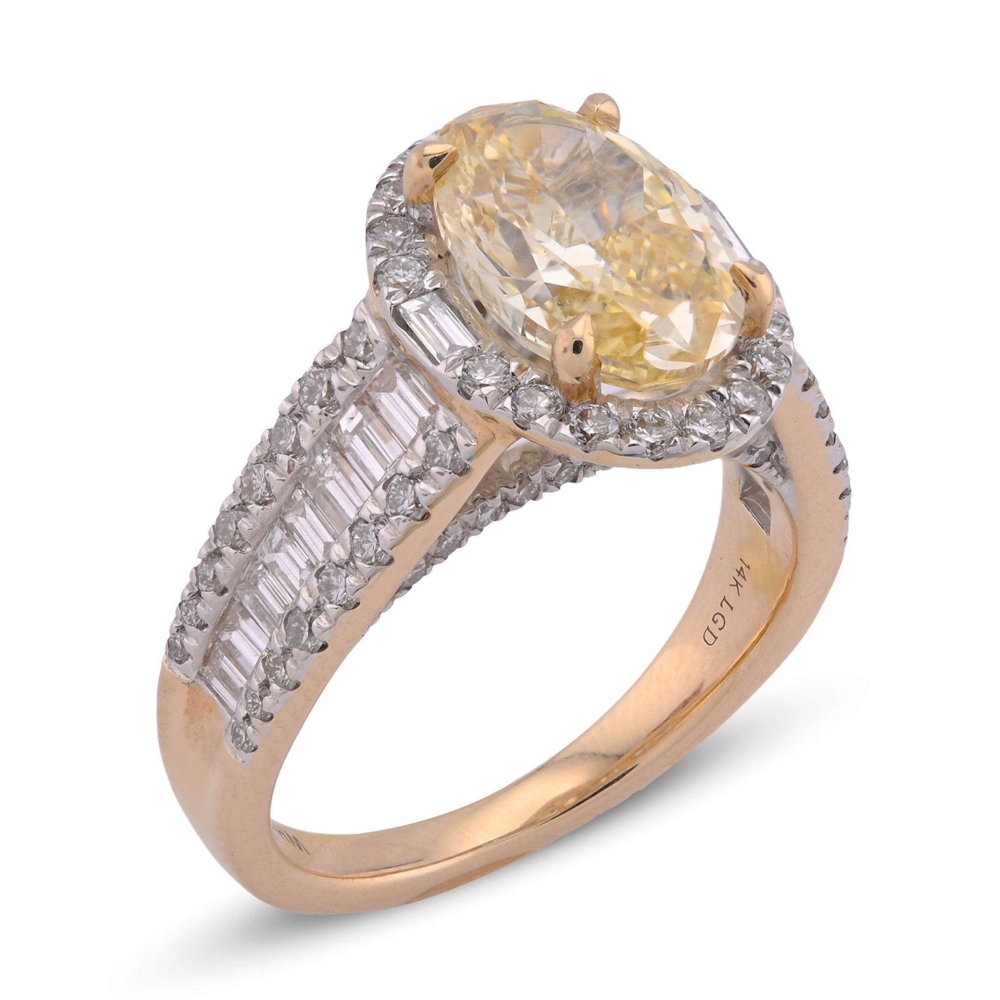 14K Yellow Gold 3CT Oval Solitaire Halo Baguette Side 4.25TC Lab Diamond Women Ring - Elite Jewelers - Rings