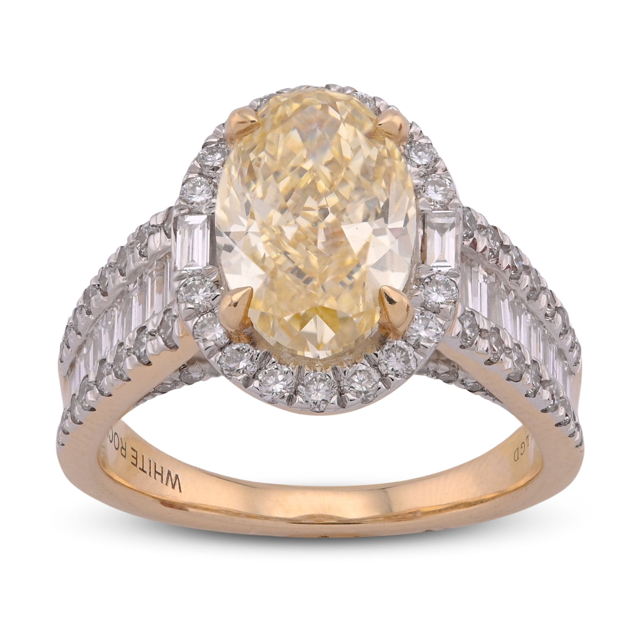 14K Yellow Gold 3CT Oval Solitaire Halo Baguette Side 4.25TC Lab Diamond Women Ring - Elite Jewelers - Rings