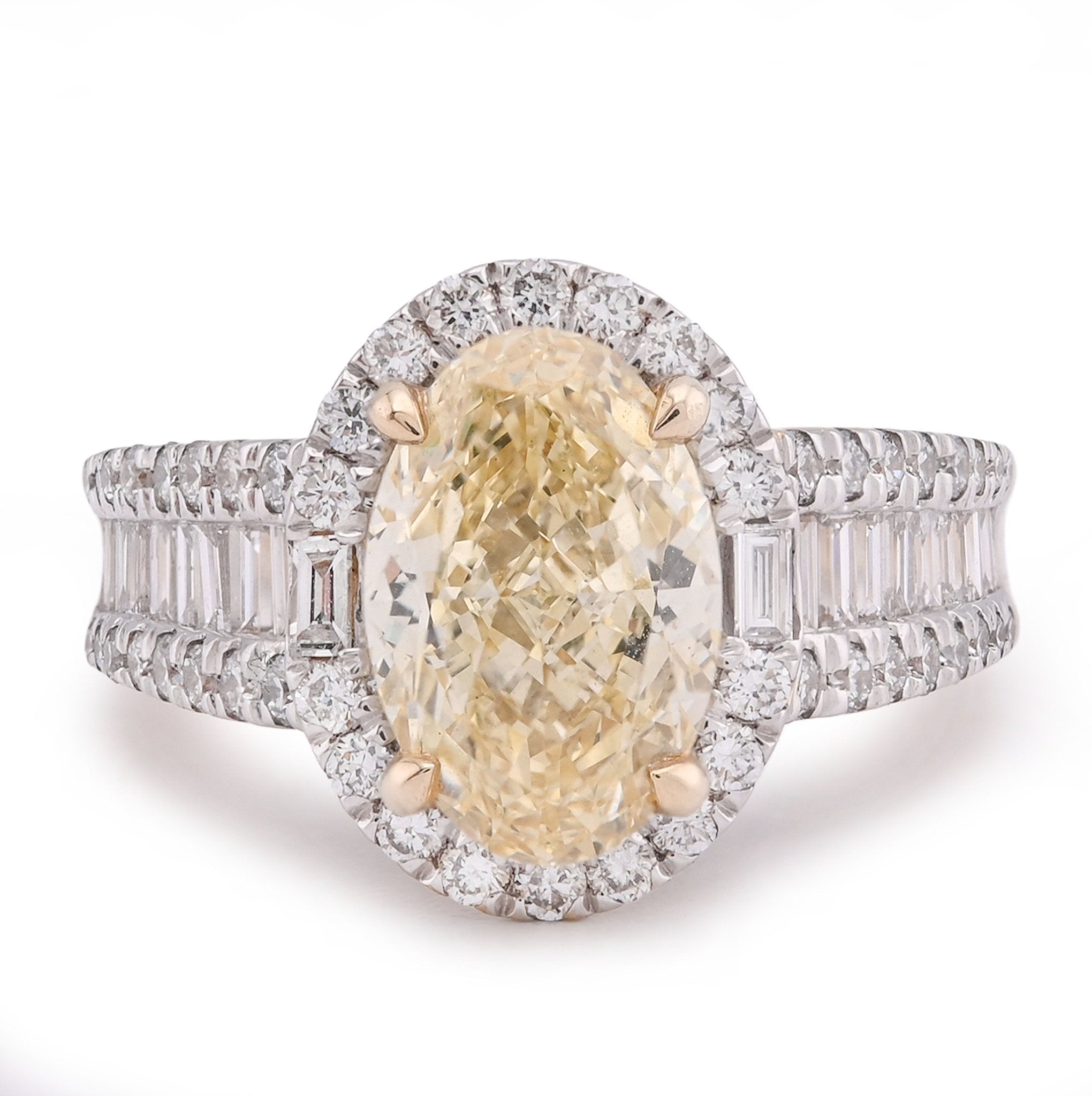 14K Yellow Gold 3CT Oval Solitaire Halo Baguette Side 4.25TC Lab Diamond Women Ring - Elite Jewelers - Rings