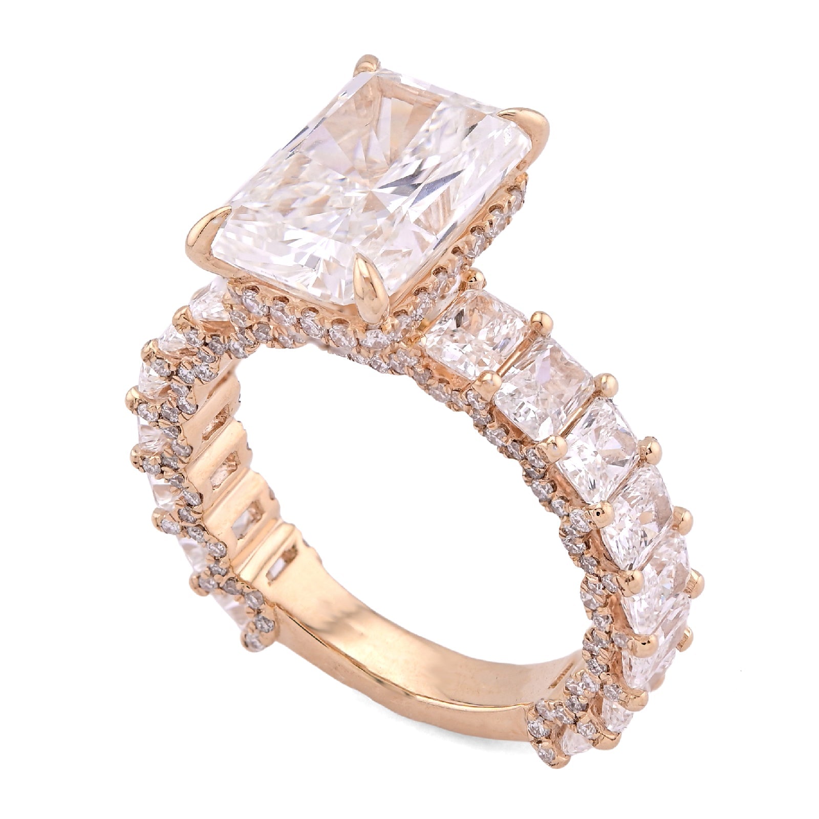 14K Yellow Gold 4.10CT Natural Diamond Radiant Centre 8.23TC Side Iced Women Lab Diamond Ring - Elite Jewelers - Rings