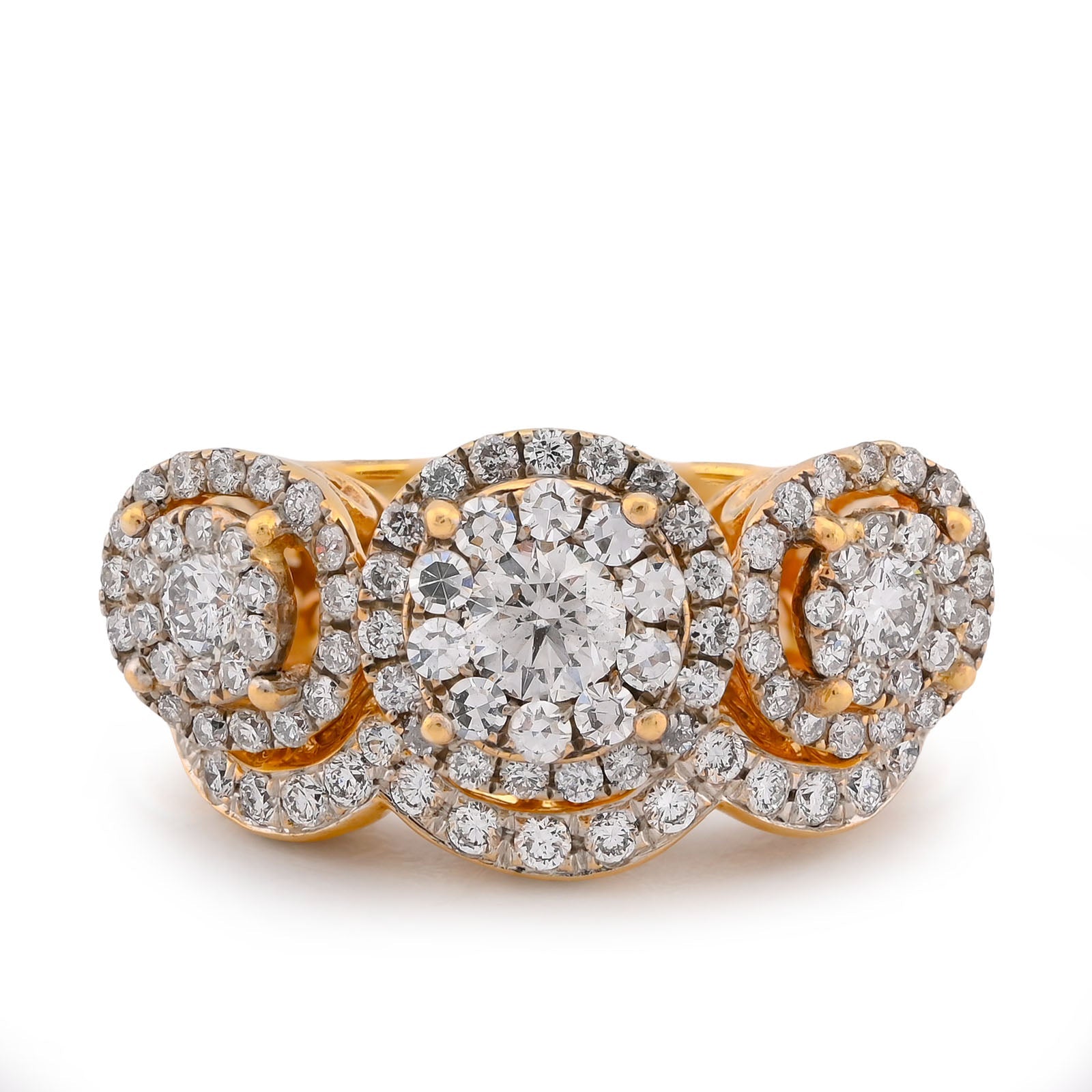 14K Yellow Gold 5CT Natural Diamond 3 Circular Round Flower Cluster Women Ring - Elite Jewelers-Rings