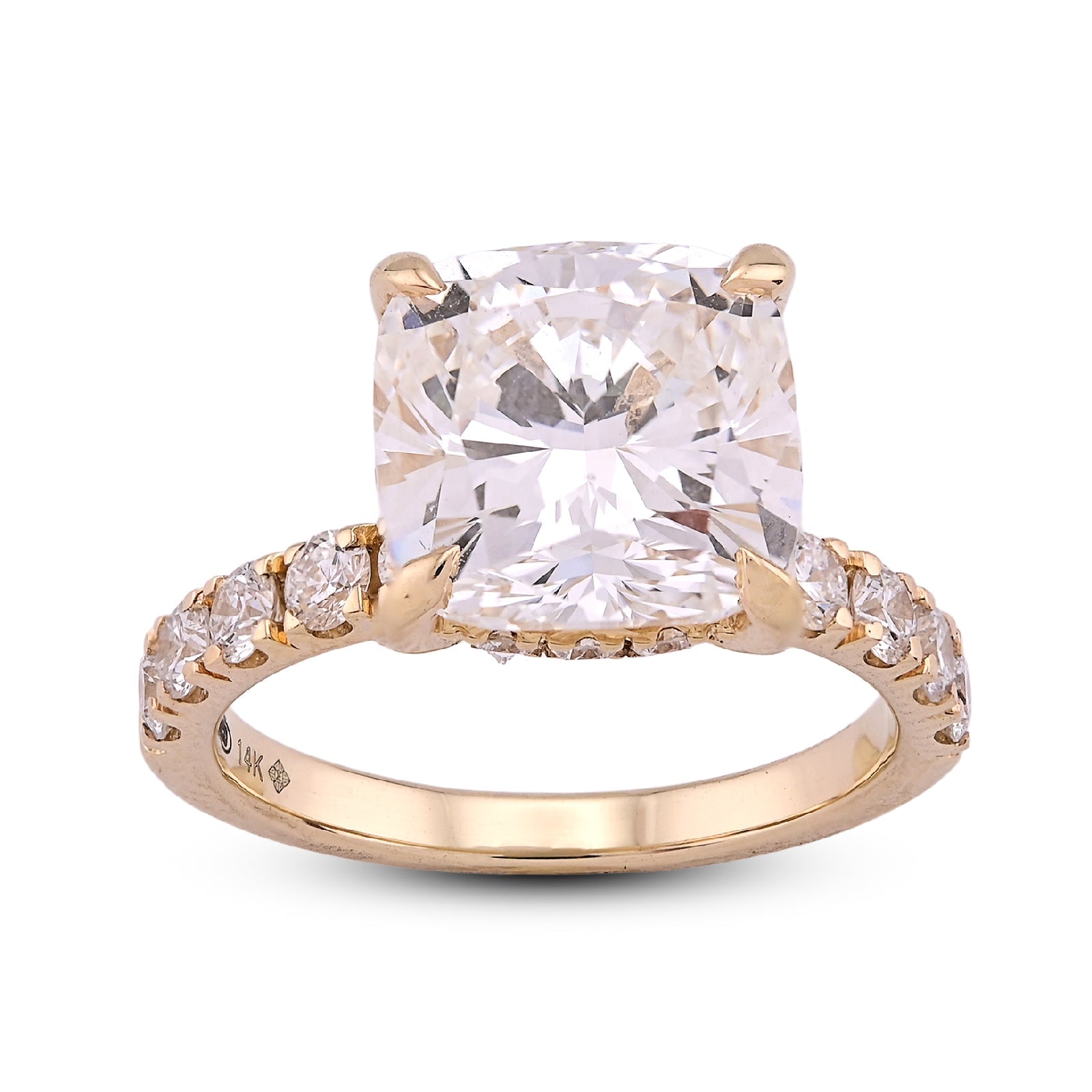 14K Yellow Gold 6CT Cushion Centre Side Round Iced Lab Diamond Women Ring - Elite Jewelers - Rings