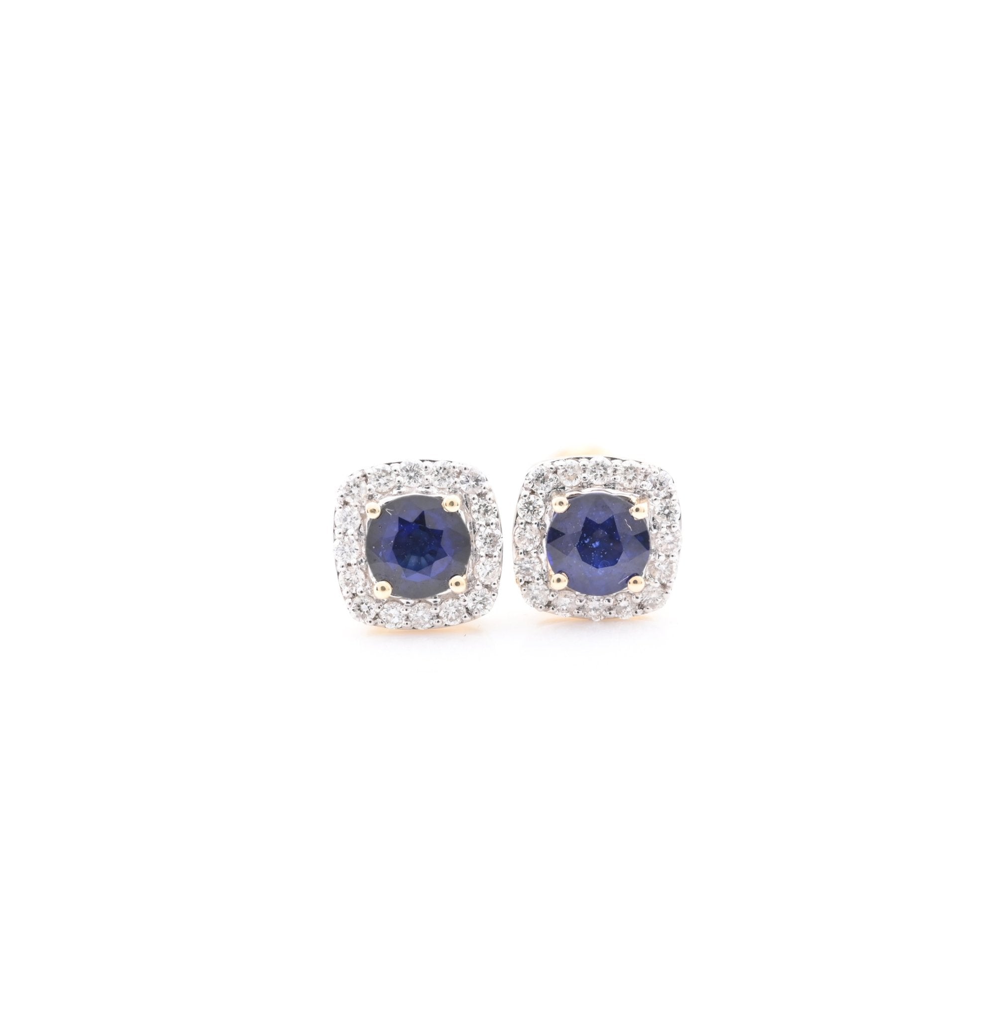 14k Yellow Gold Blue Sapphire and Diamond Halo Stud Earrings - Elite Jewelers - Earrings