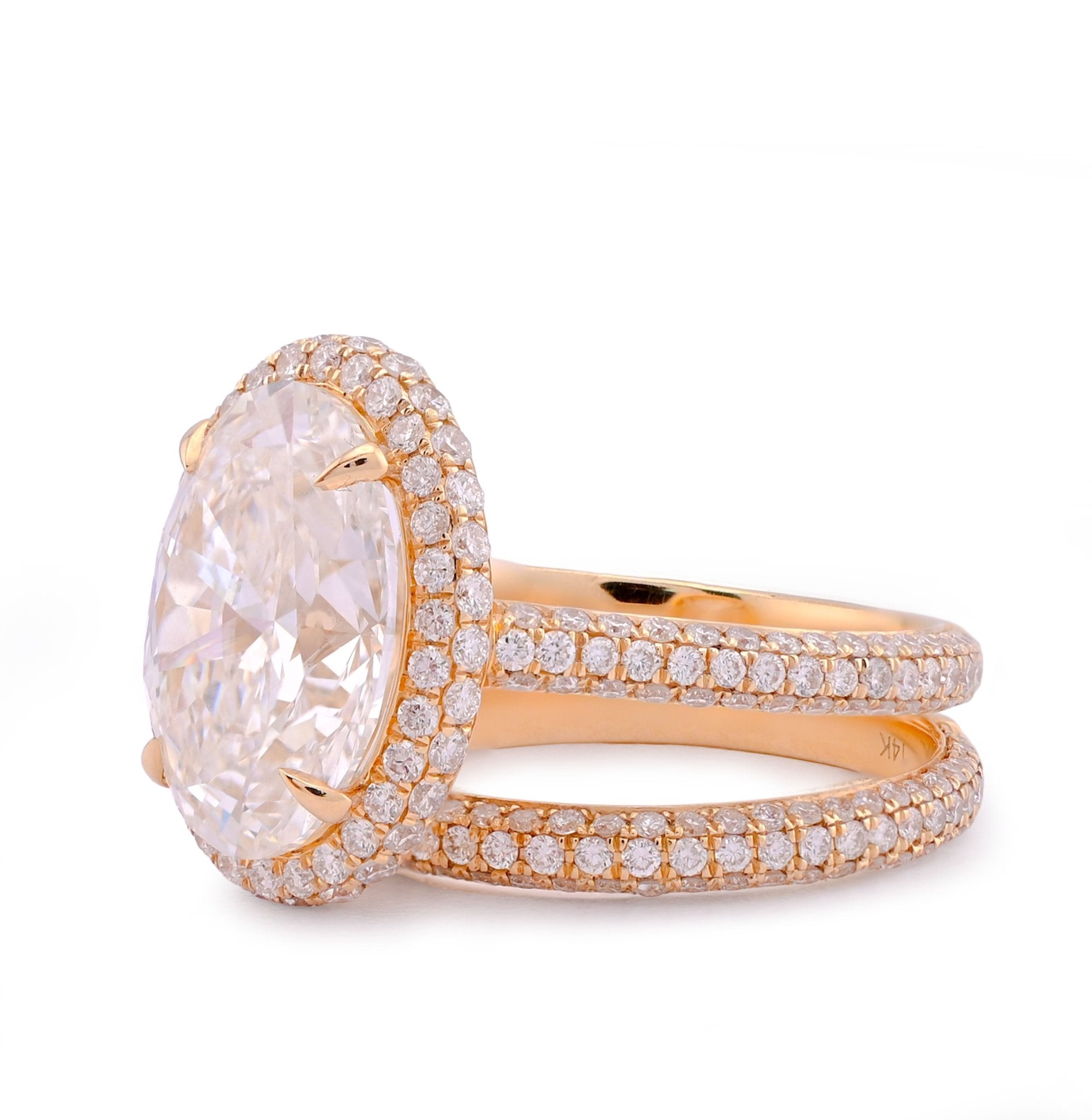 14K Yellow Gold Oval Shape 5.1CT Centre Solitaire 6.9TC Lab Diamond side Round Lab Diamond Women Ring with Band - Elite Jewelers - Rings