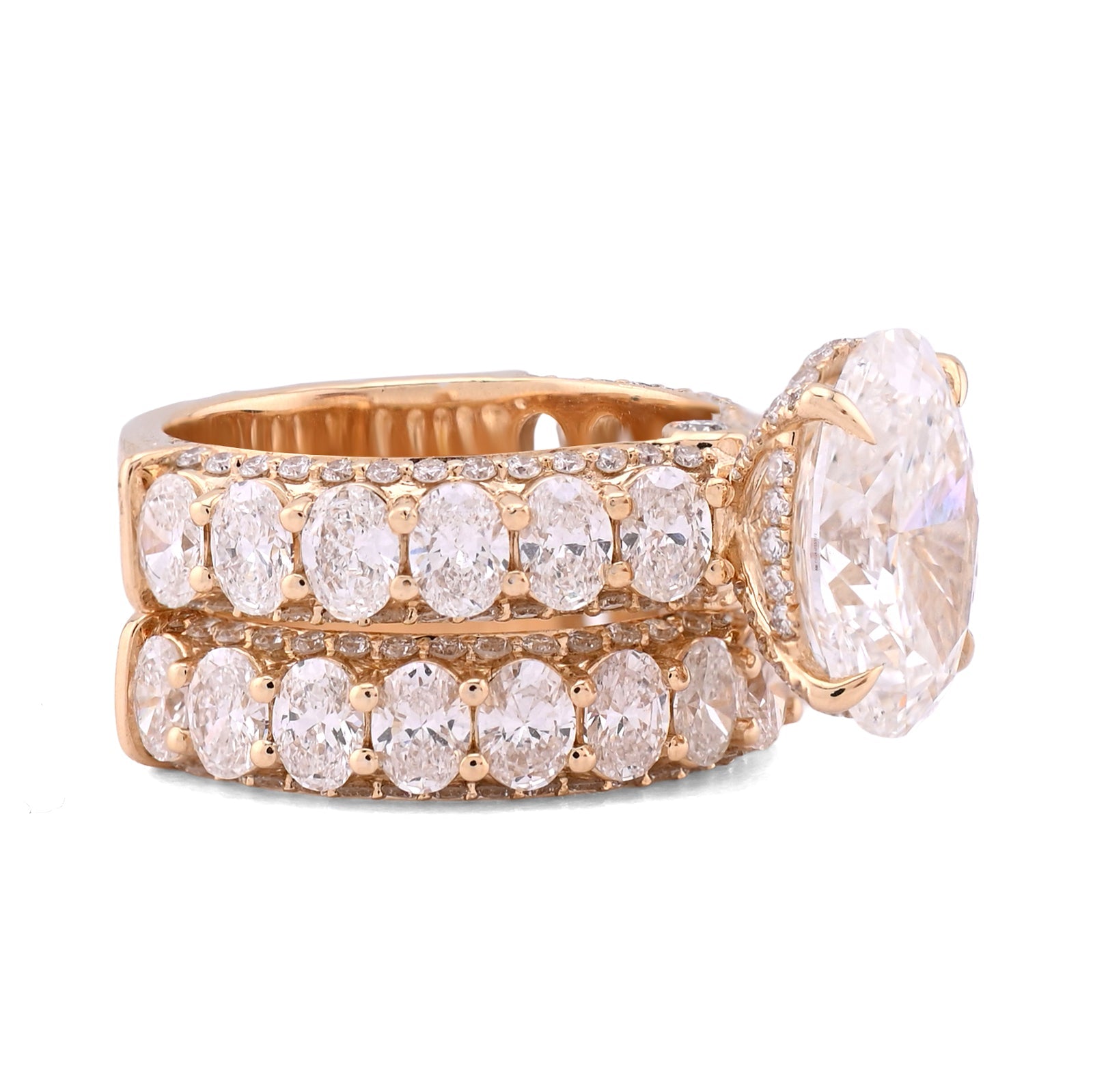 14K Yellow Gold Oval Solitaire Centre Side Iced Oval/Round 8.81CT Lab Diamond Women Ring - Elite Jewelers - Rings