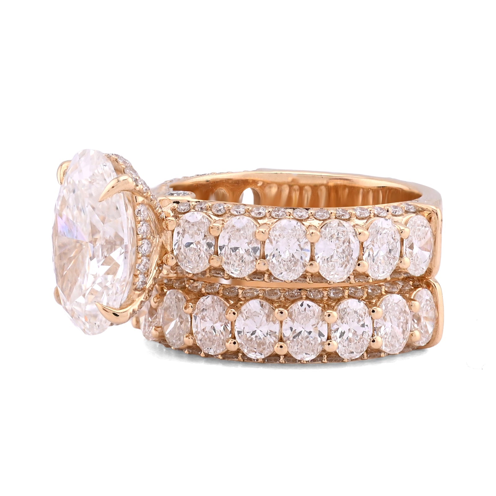 14K Yellow Gold Oval Solitaire Centre Side Iced Oval/Round 8.81CT Lab Diamond Women Ring - Elite Jewelers - Rings