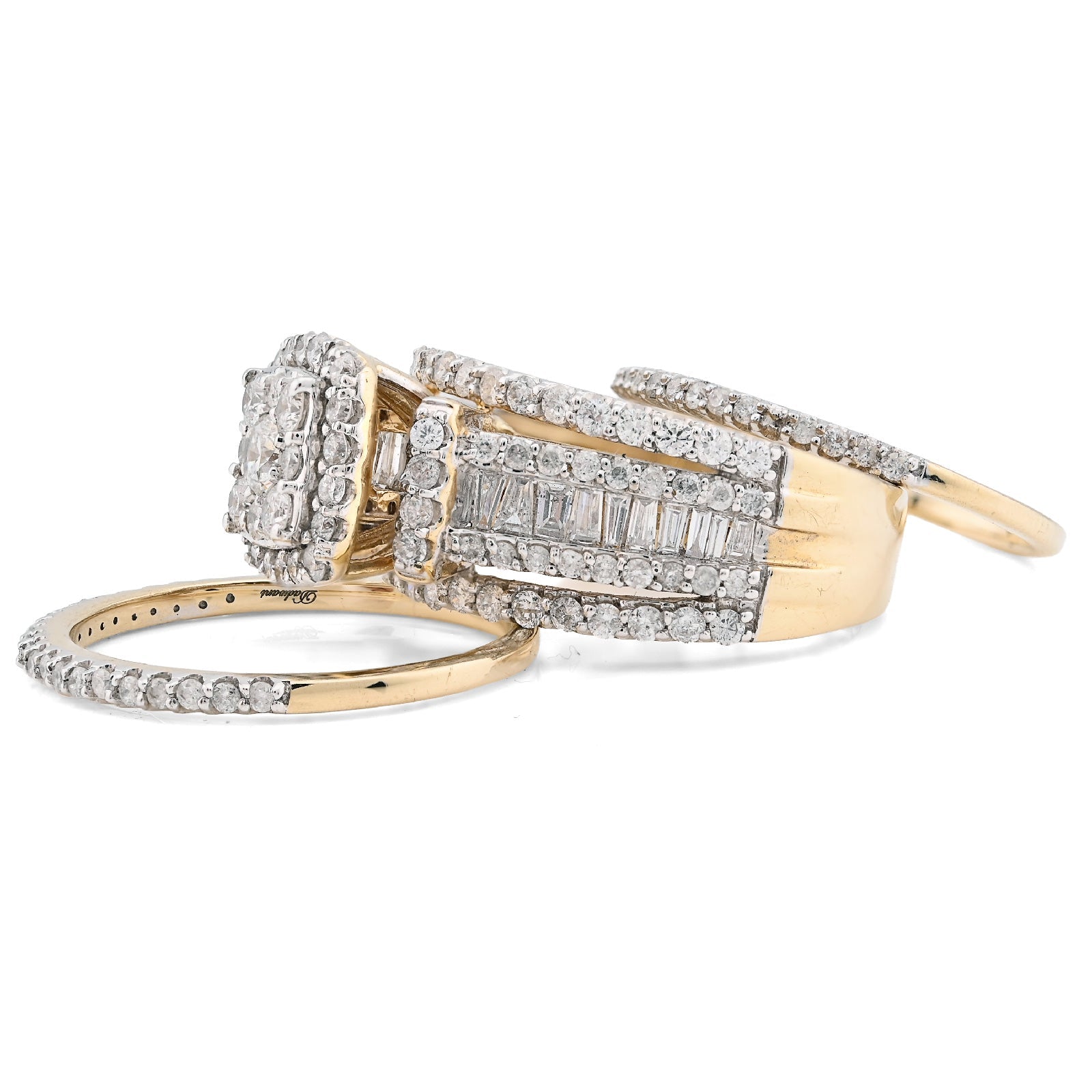 14K yellow Gold Round/Baguette 2.10CT Natural Diamond 3 band Square centre Women Wedding Ring Band - Elite Jewelers - Rings