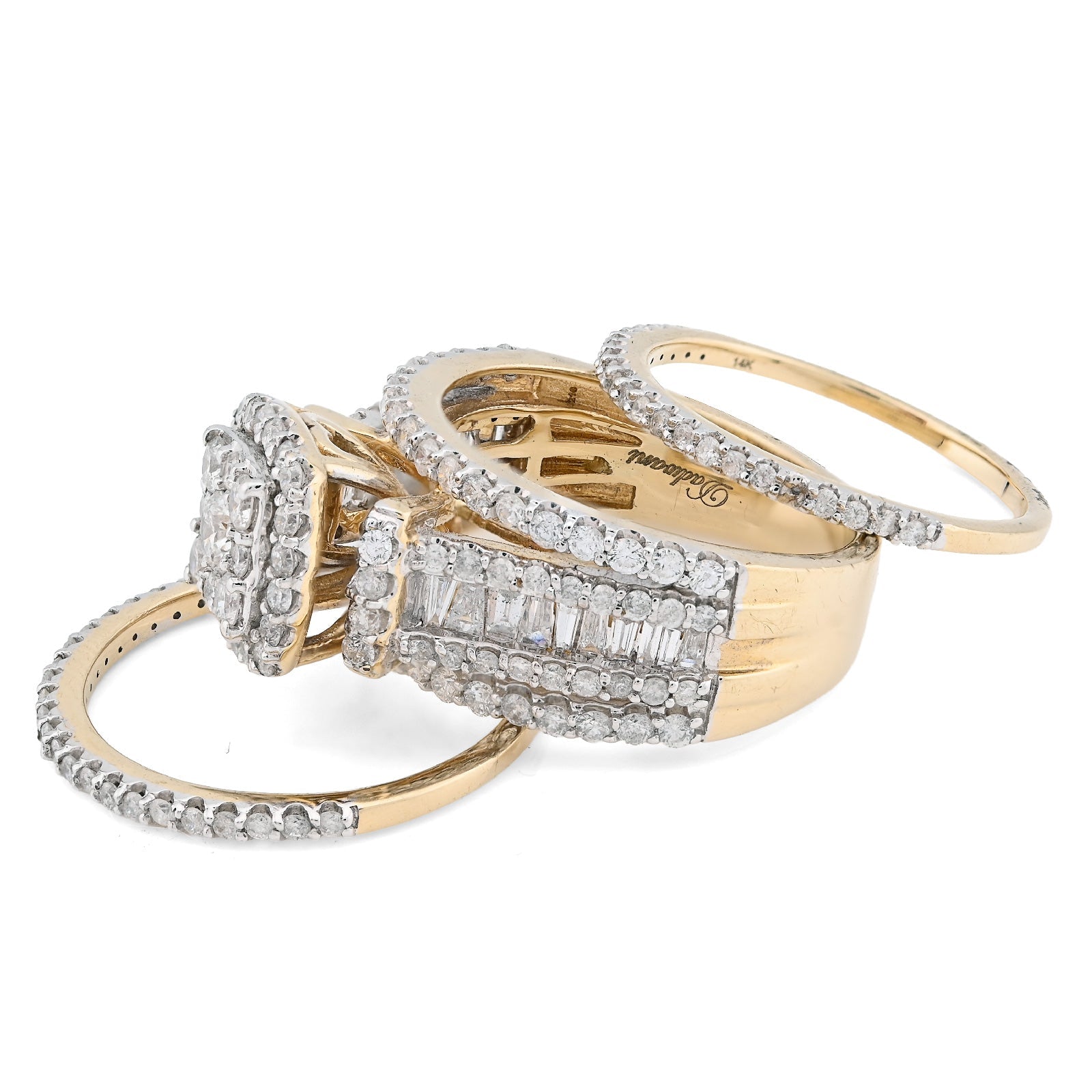 14K yellow Gold Round/Baguette 2.10CT Natural Diamond 3 band Square centre Women Wedding Ring Band - Elite Jewelers - Rings