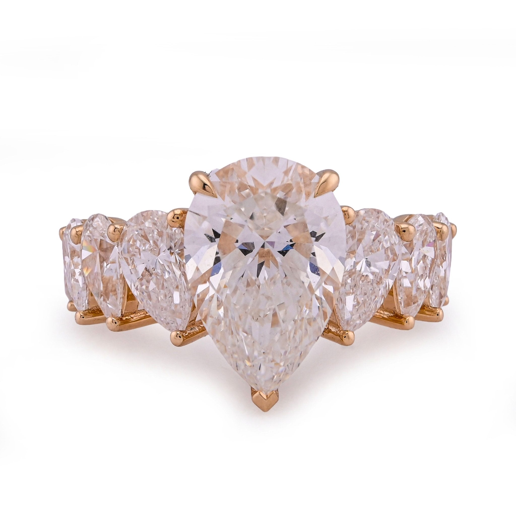 14K Yellow Gold Tear Drop/Pear Shape Solitaire 5CT Centre 9.8TC Side Iced Lab Diamond Women Ring - Elite Jewelers - Rings