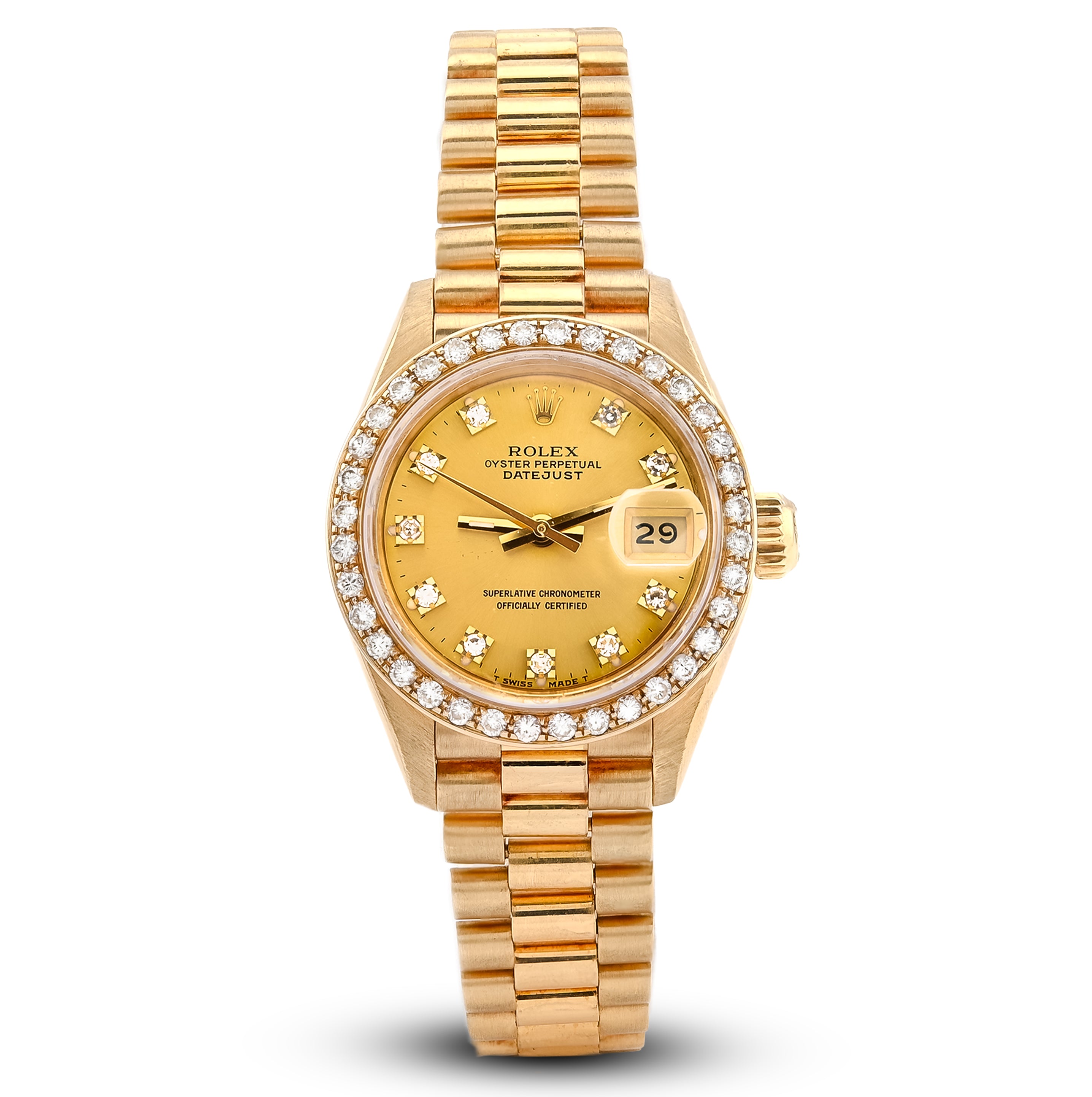 Gold wristwatch with diamond-studded bezel on a white background
