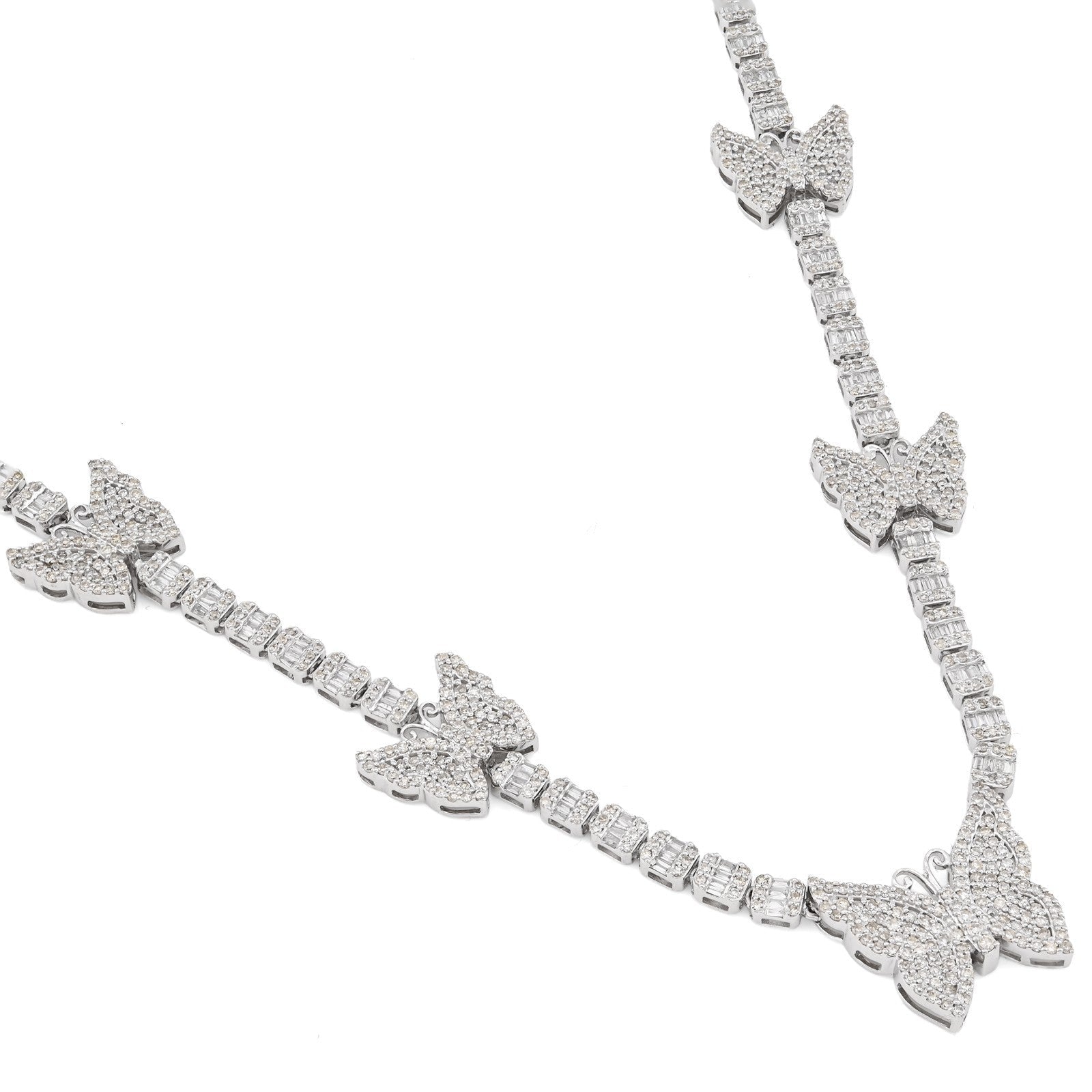 3.5MM 10k White Gold 5.48CTW Round/Baguette Diamond 26.5g Butterfly Tennis Chain - Elite Jewelers - Necklaces & Chains