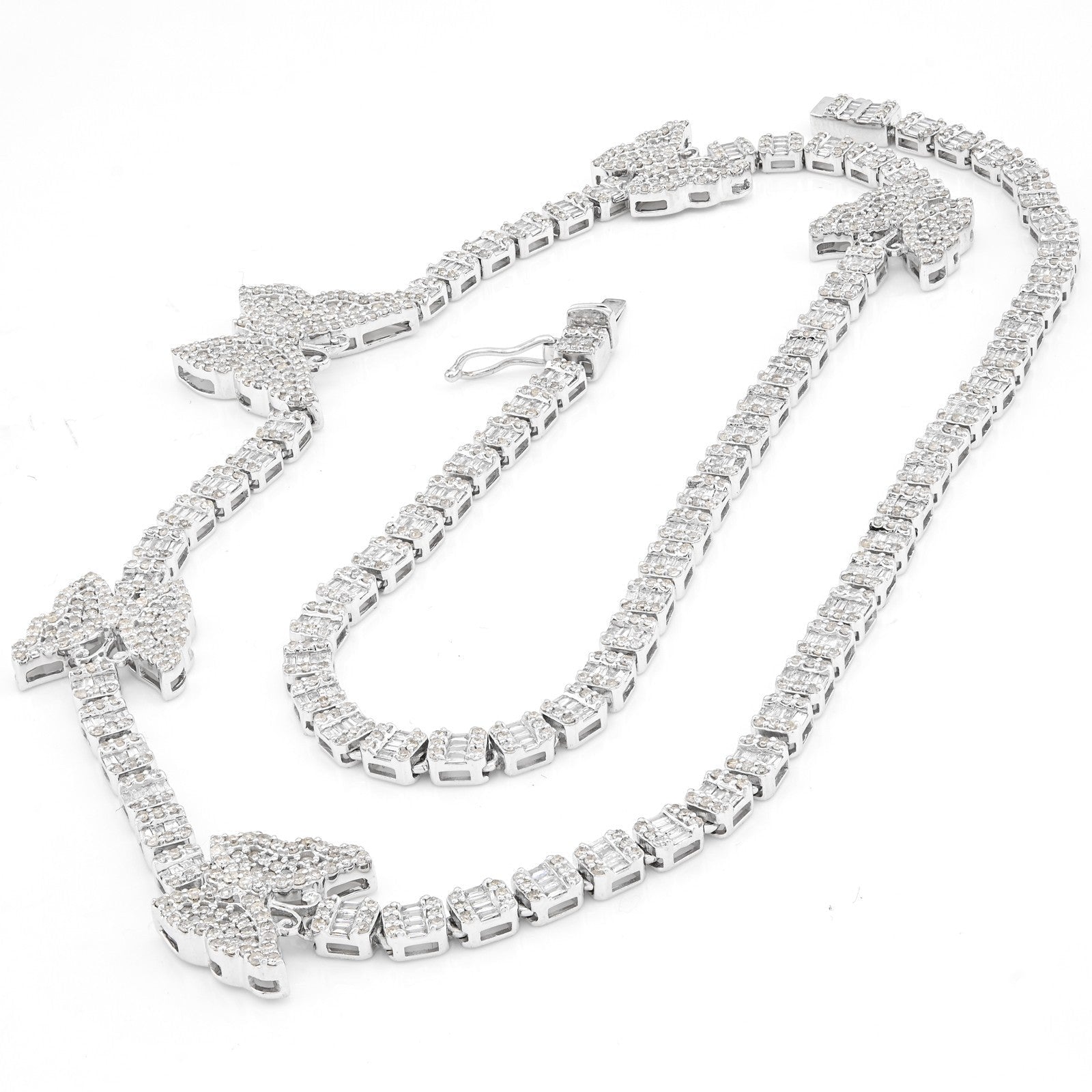 3.5MM 10k White Gold 5.48CTW Round/Baguette Diamond 26.5g Butterfly Tennis Chain - Elite Jewelers - Necklaces & Chains