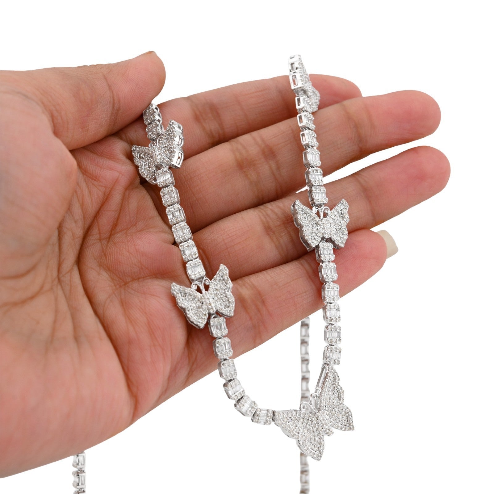 3.5MM 10k White Gold 5.48CTW Round/Baguette Diamond 26.5g Butterfly Tennis Chain - Elite Jewelers - Necklaces & Chains