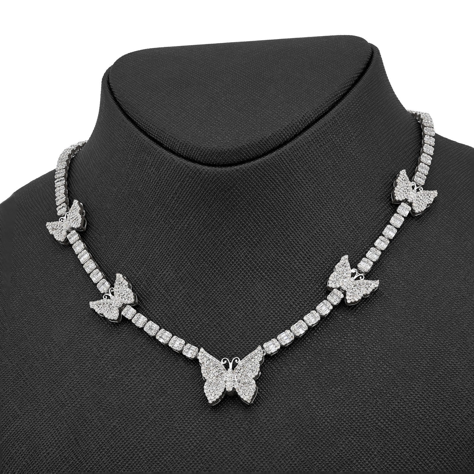 3.5MM 10k White Gold 5.48CTW Round/Baguette Diamond 26.5g Butterfly Tennis Chain - Elite Jewelers - Necklaces & Chains